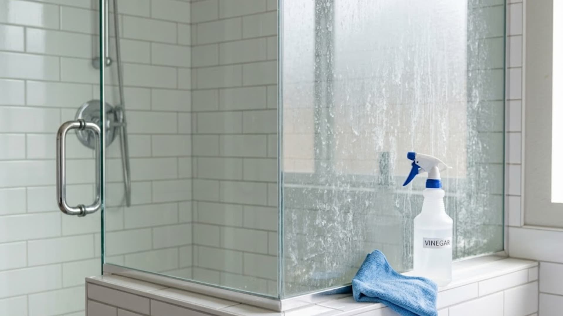 glass shower door with hard water spots next to vinegar spray bottle and blue microfiber cloth