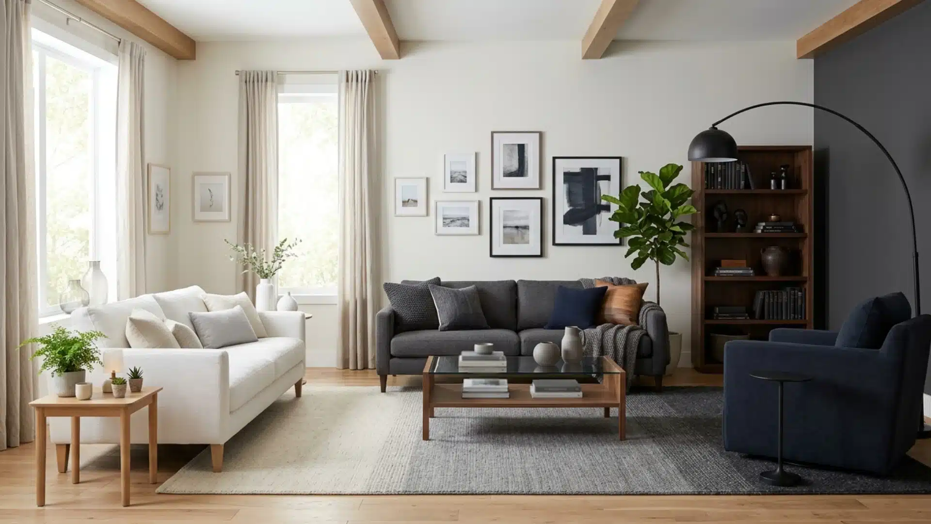 a living room featuring a gray couch, a coffee table, and a wooden table, creating a cozy and inviting atmosphere