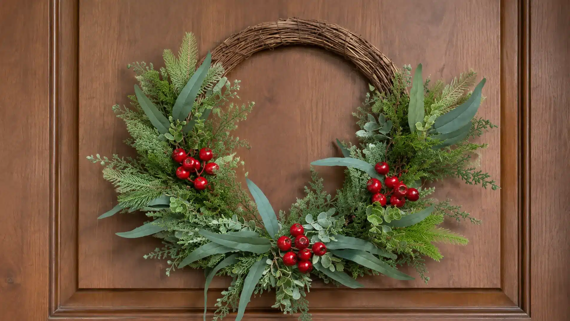 grapevine wreath decorated with evergreen foliage and red berries on a wooden front door