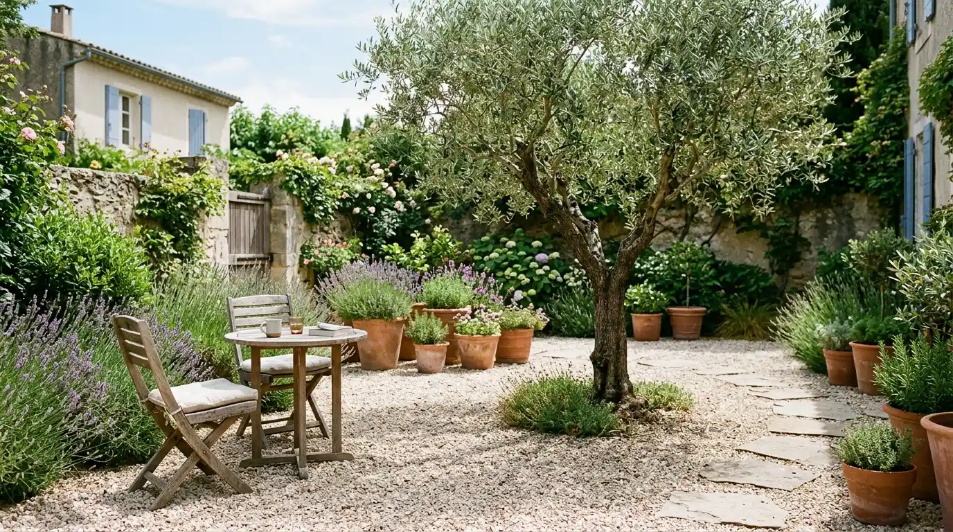 gravel courtyard garden with an olive tree, lavender and potted plants, a small table, and two wooden chairs beside stone houses