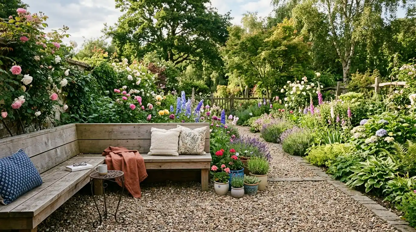 gravel garden seating area with a wooden corner bench, cushions, blanket, coffee table, potted plants, and flower beds