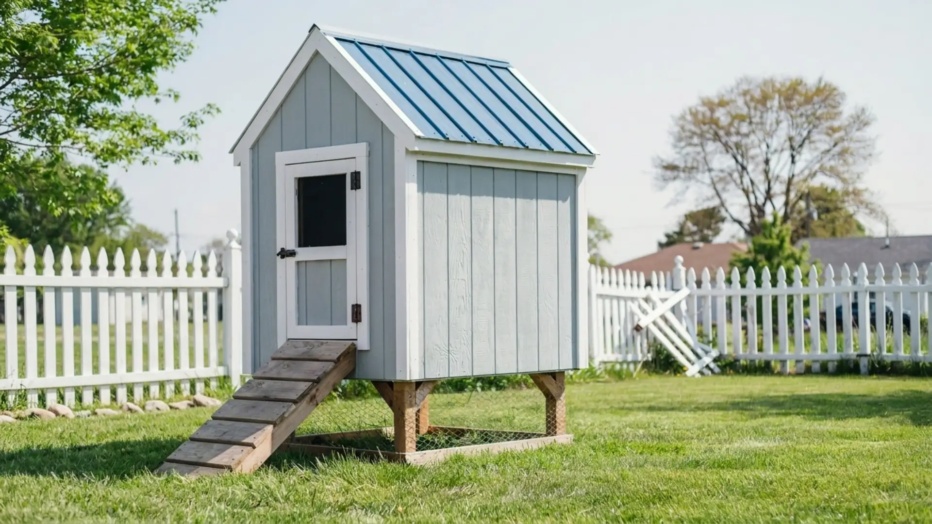 gray chicken coop raised on wooden stilts with a wooden ramp inside a white picket fenced yard areas
