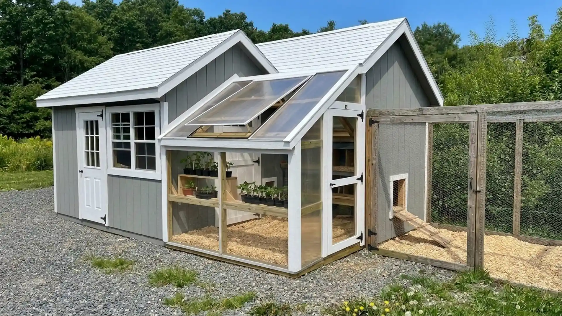 gray combination chicken coop and greenhouse structure with attached wire mesh run on a gravel yards