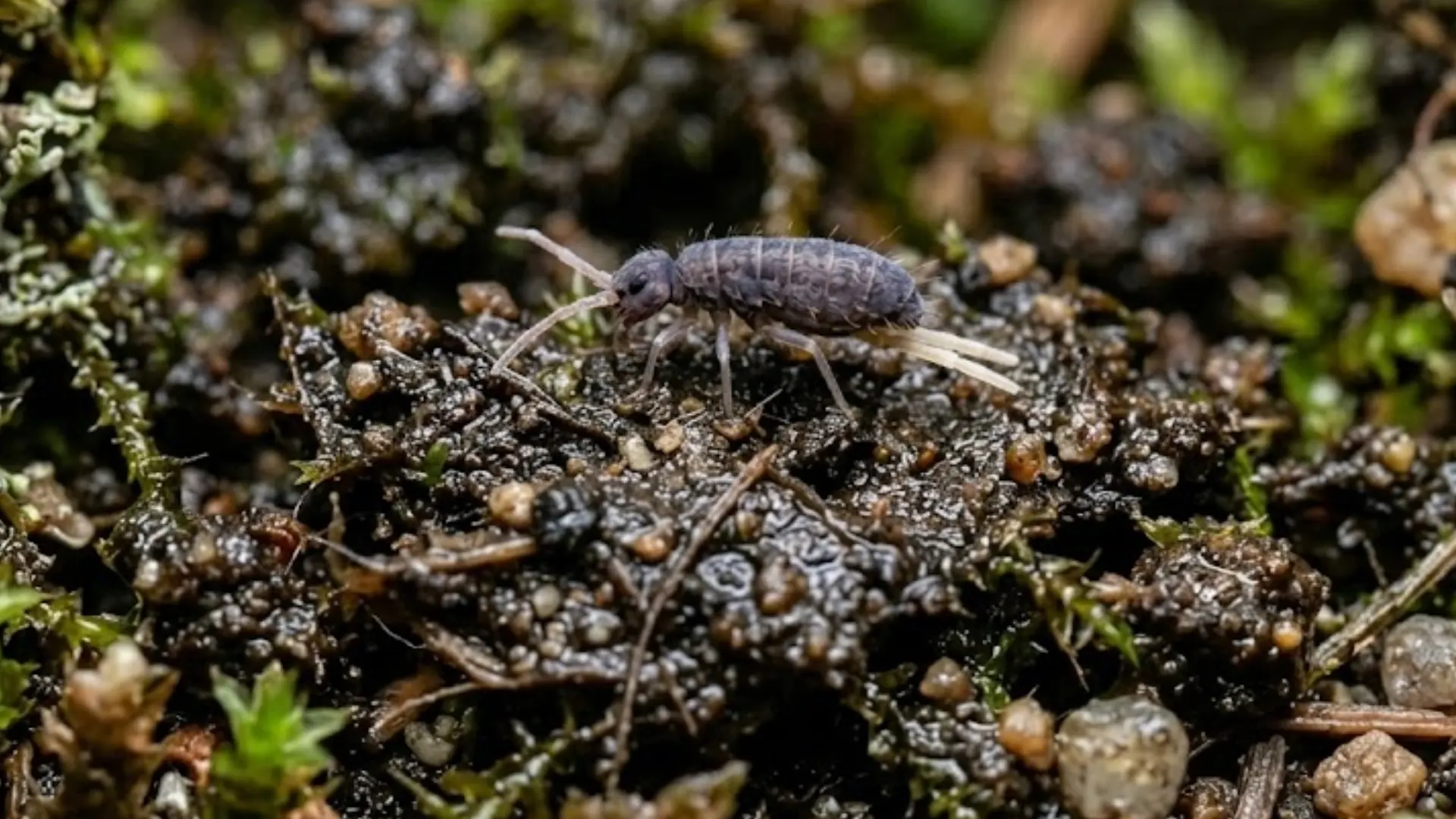 gray springtail with long antennae and legs on lichen-covered soil