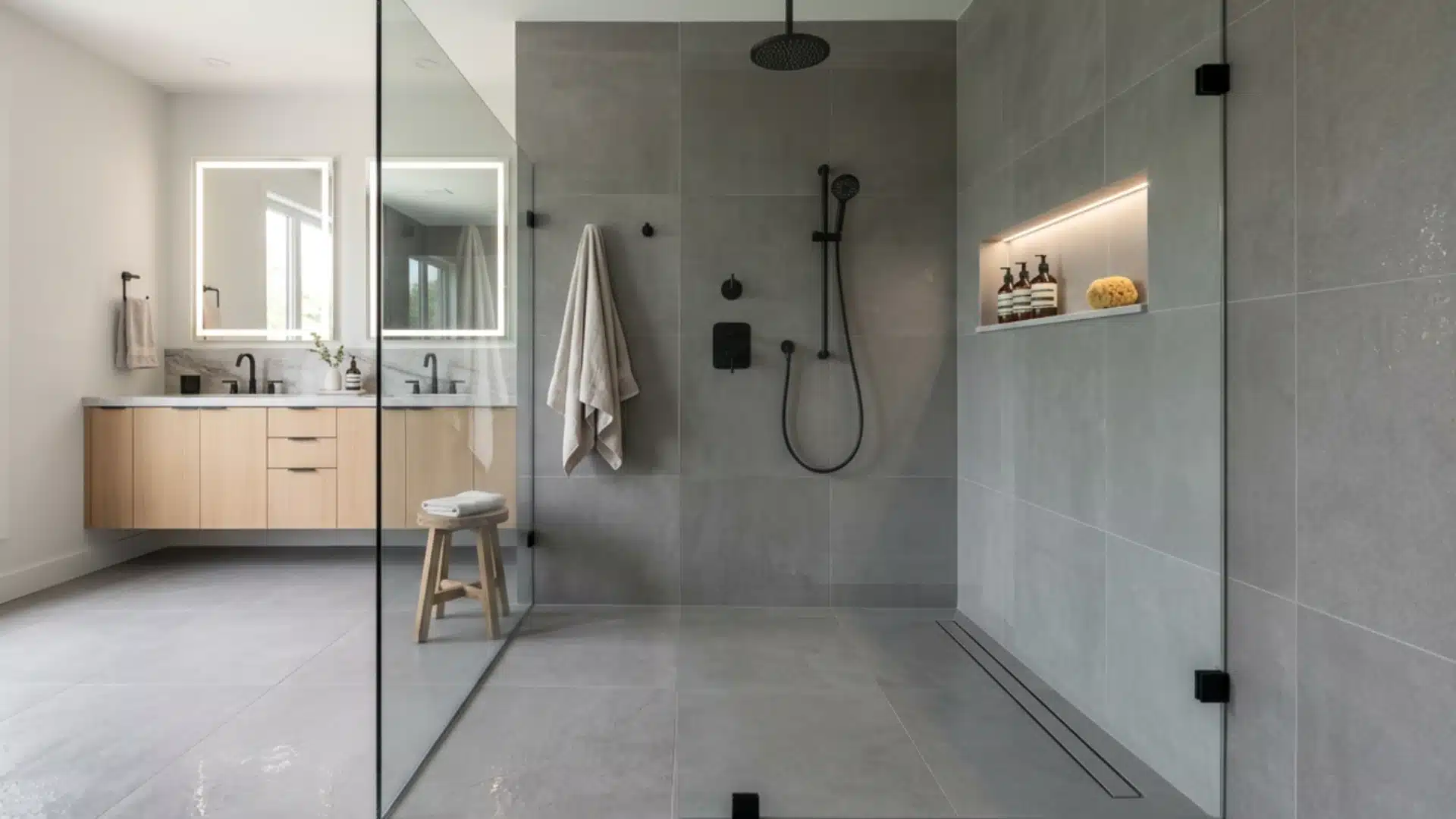 gray tile curbless shower with black fixtures towel hook and lit niche shelf storage