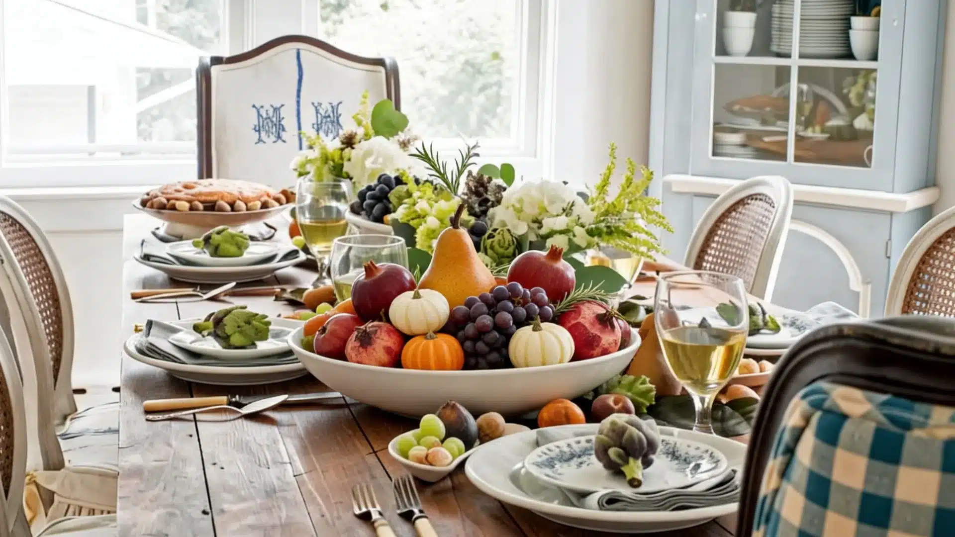 grocery produce centerpiece with pomegranates, pears, grapes, and mini pumpkins in a white bowl