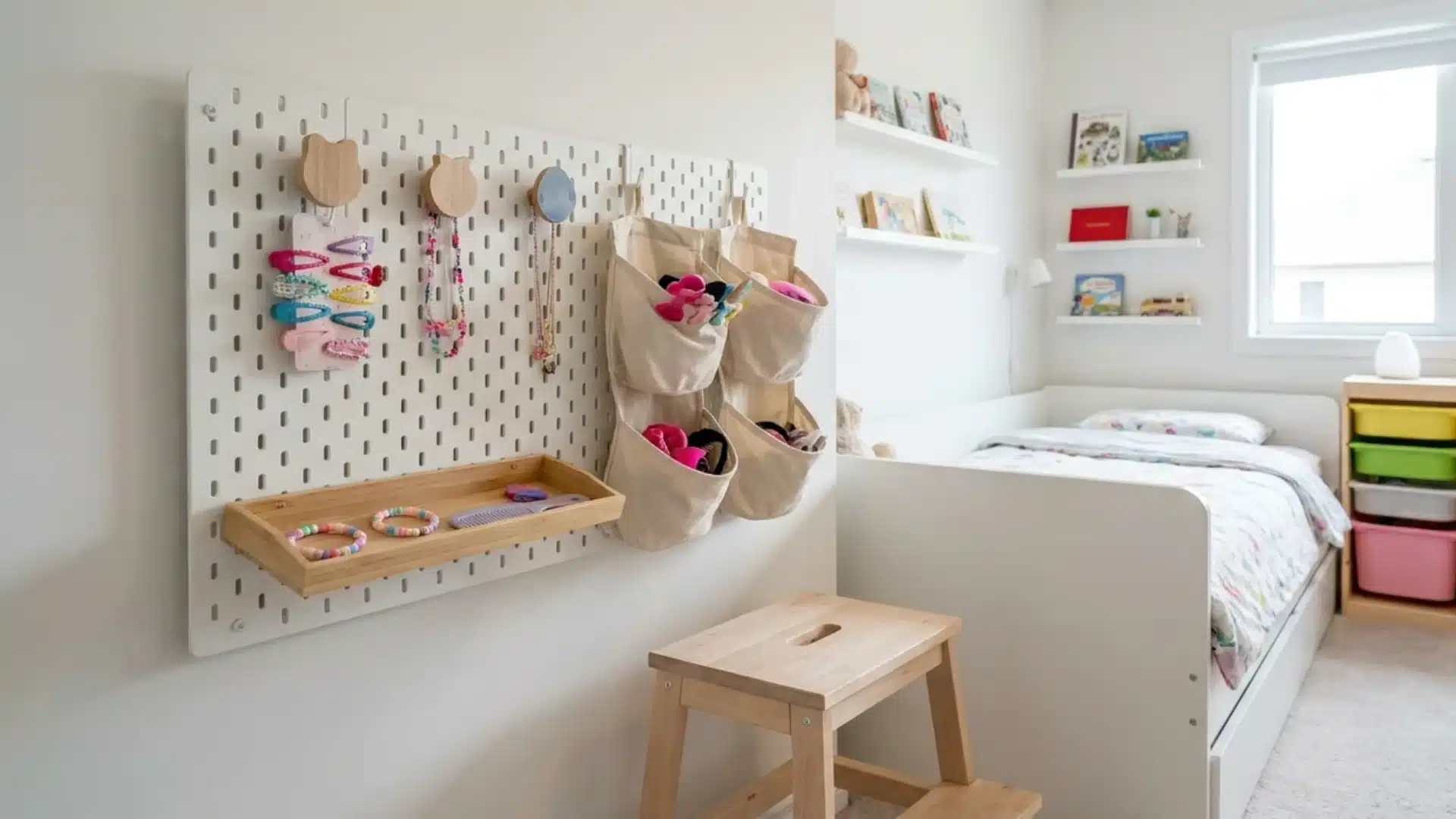 hair clips necklaces and bracelets hanging on a pegboard wall with hooks a tray and fabric bins