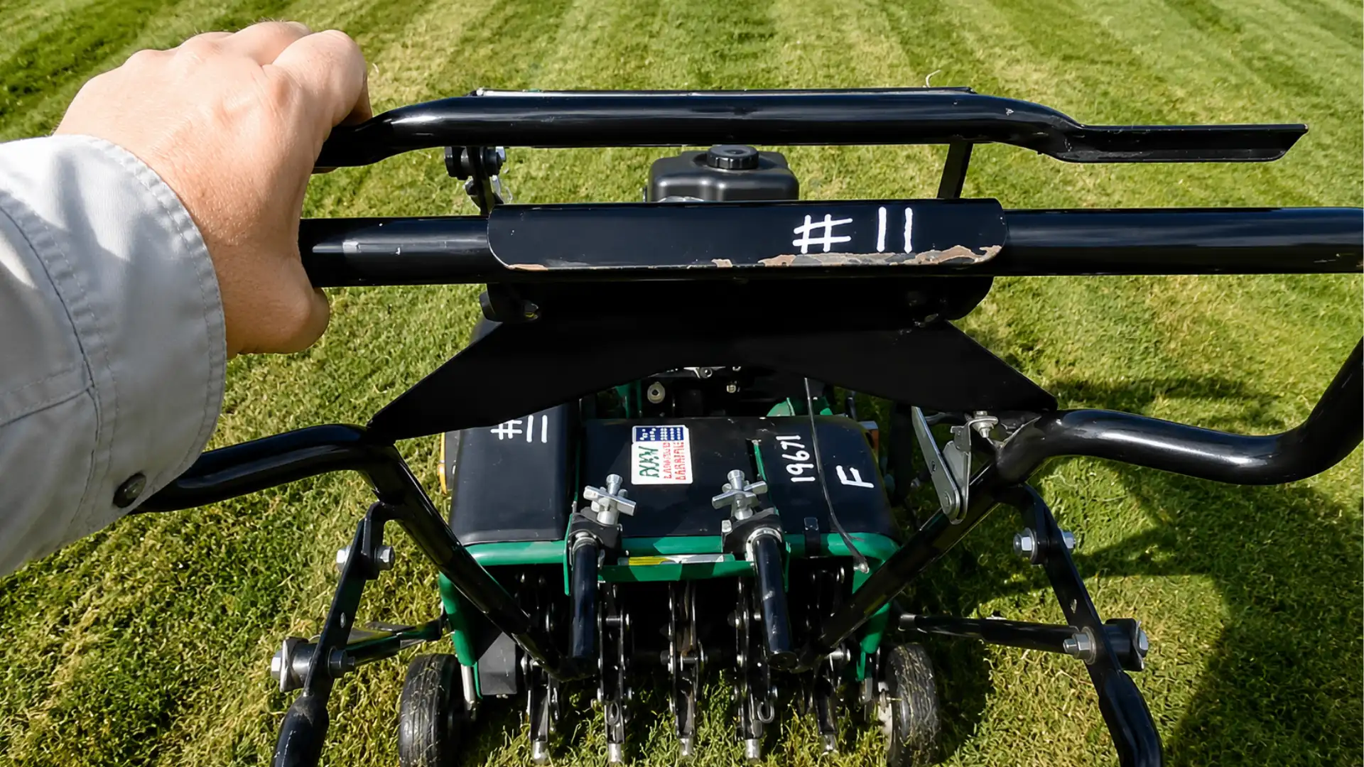 hand gripping drive handle on core aerator with tines lowered into the grass below
