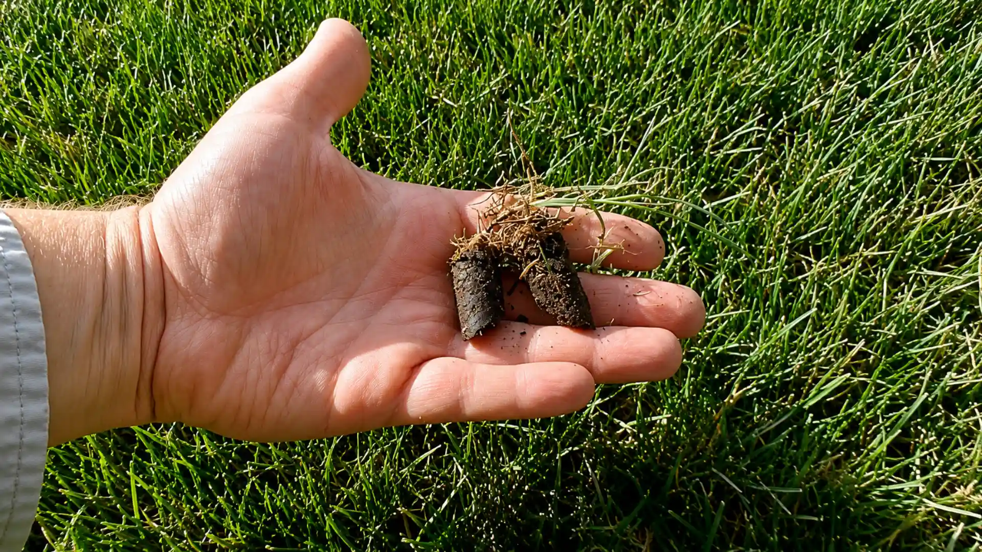 hand holding two soil cores pulled from the lawn to check aeration depth closely
