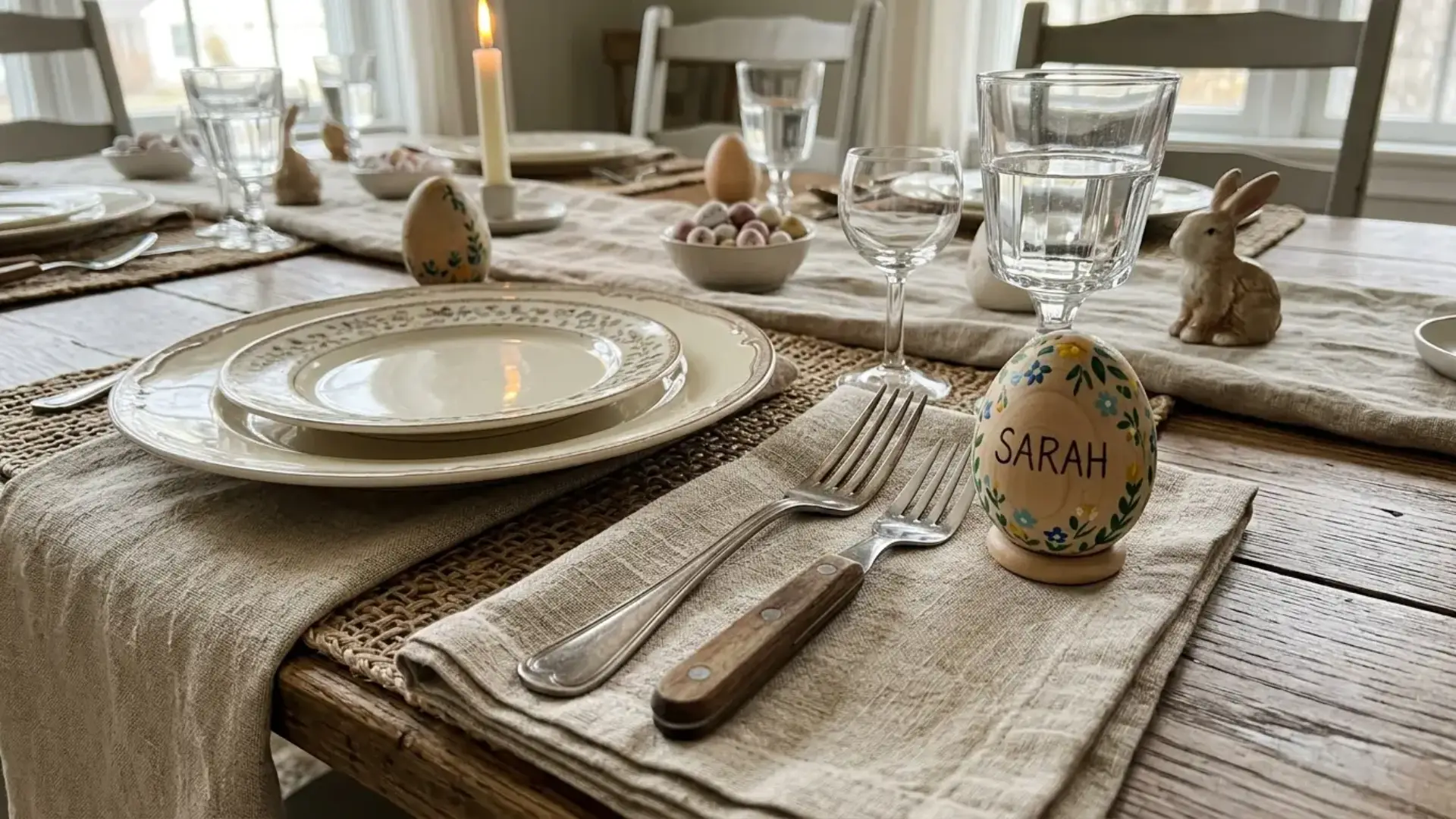 hand lettered wooden egg place card resting beside a fork at an easter table setting