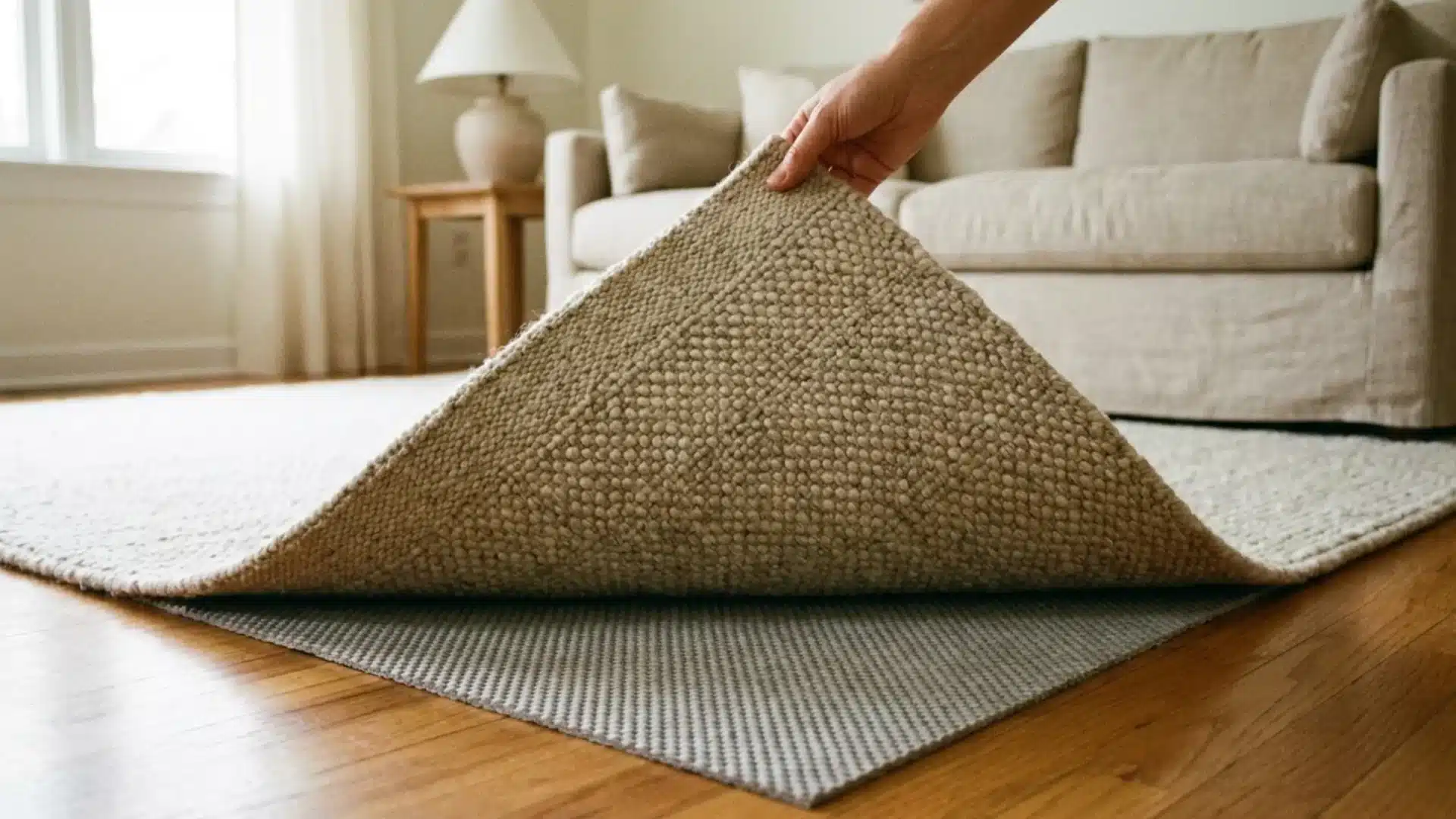 hand lifting corner of a neutral area rug to show a grip rug pad underneath on hardwood floor