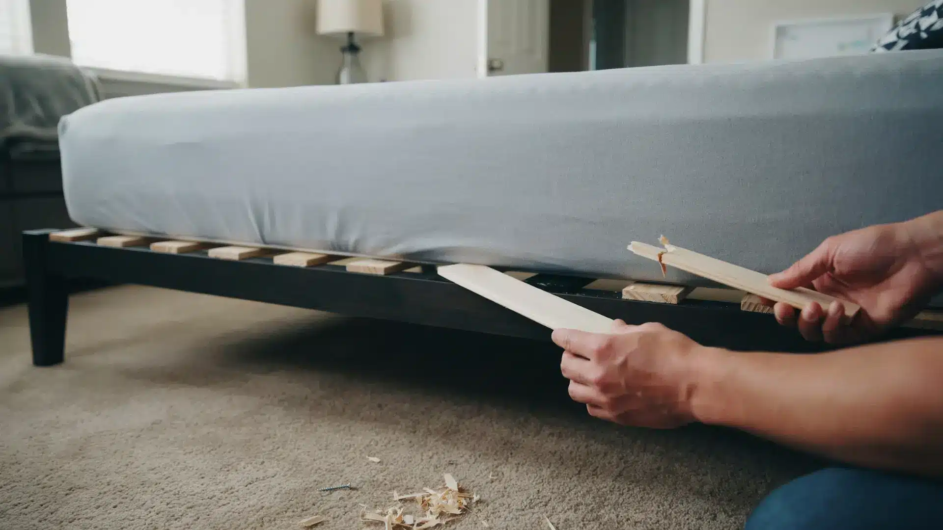 hand placing a new slat into a bed frame next to a cracked one