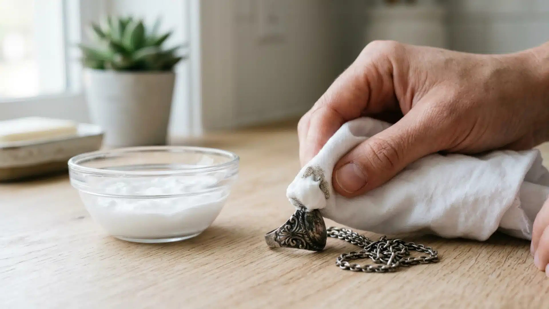 hand polishing tarnished silver jewelry with a microfiber cloth beside a bowl of cleaning solution