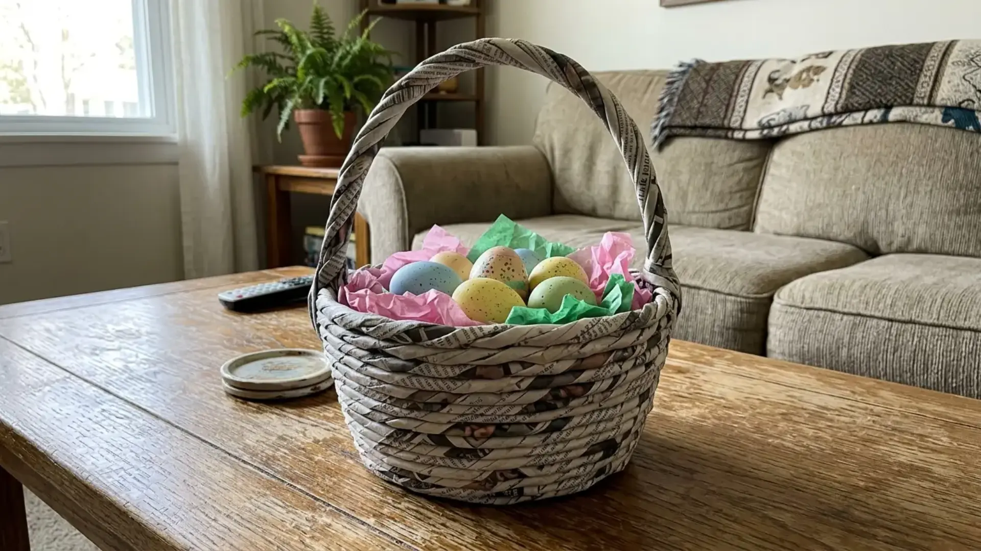 handmade newspaper easter basket filled with tissue paper and pastel speckled eggs on a table