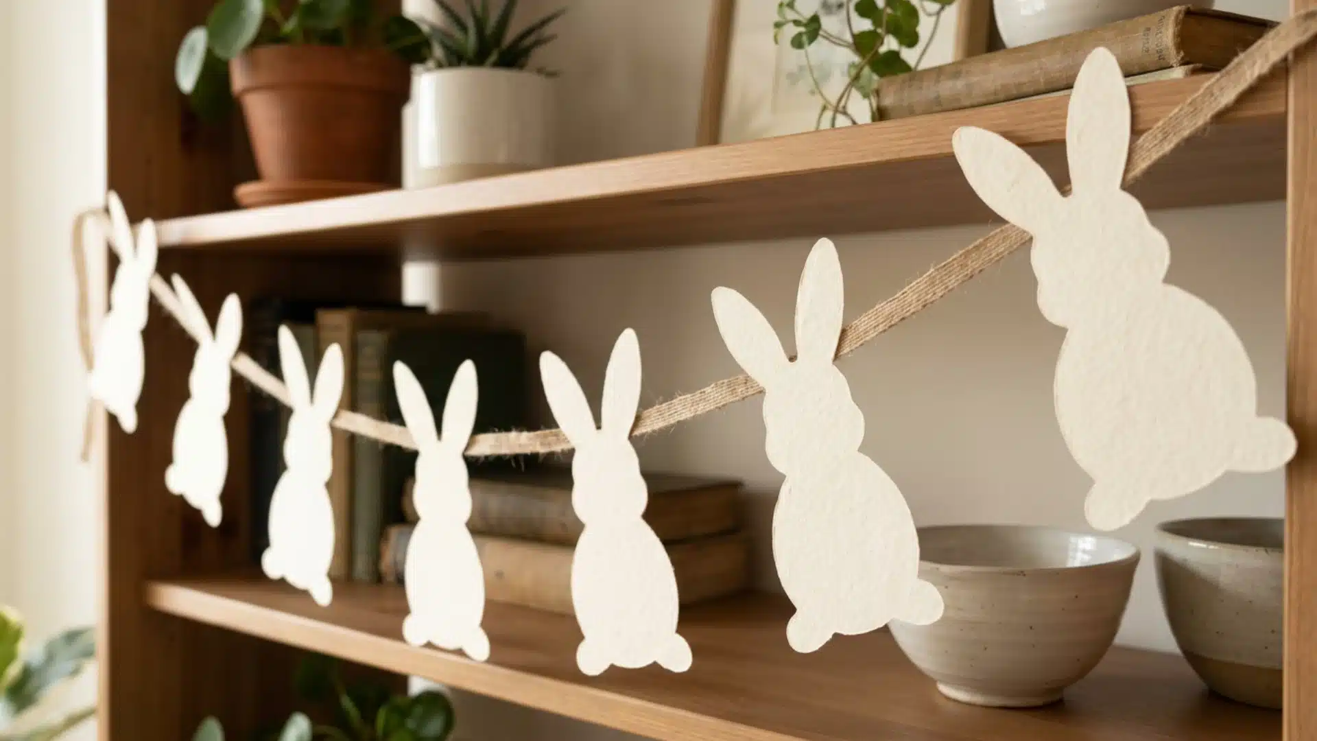 handmade paper bunny silhouette banner strung along ribbon