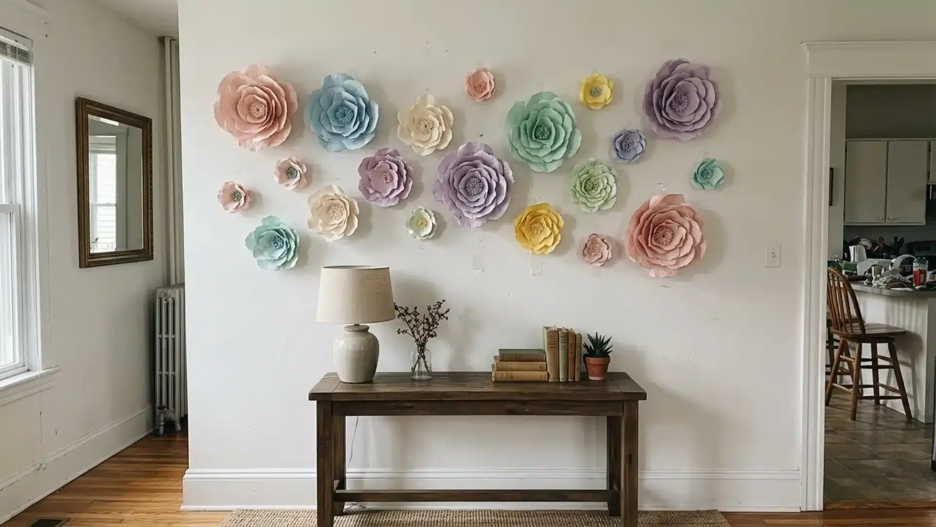 handmade paper flower wall display in pastel colors arranged above a console table