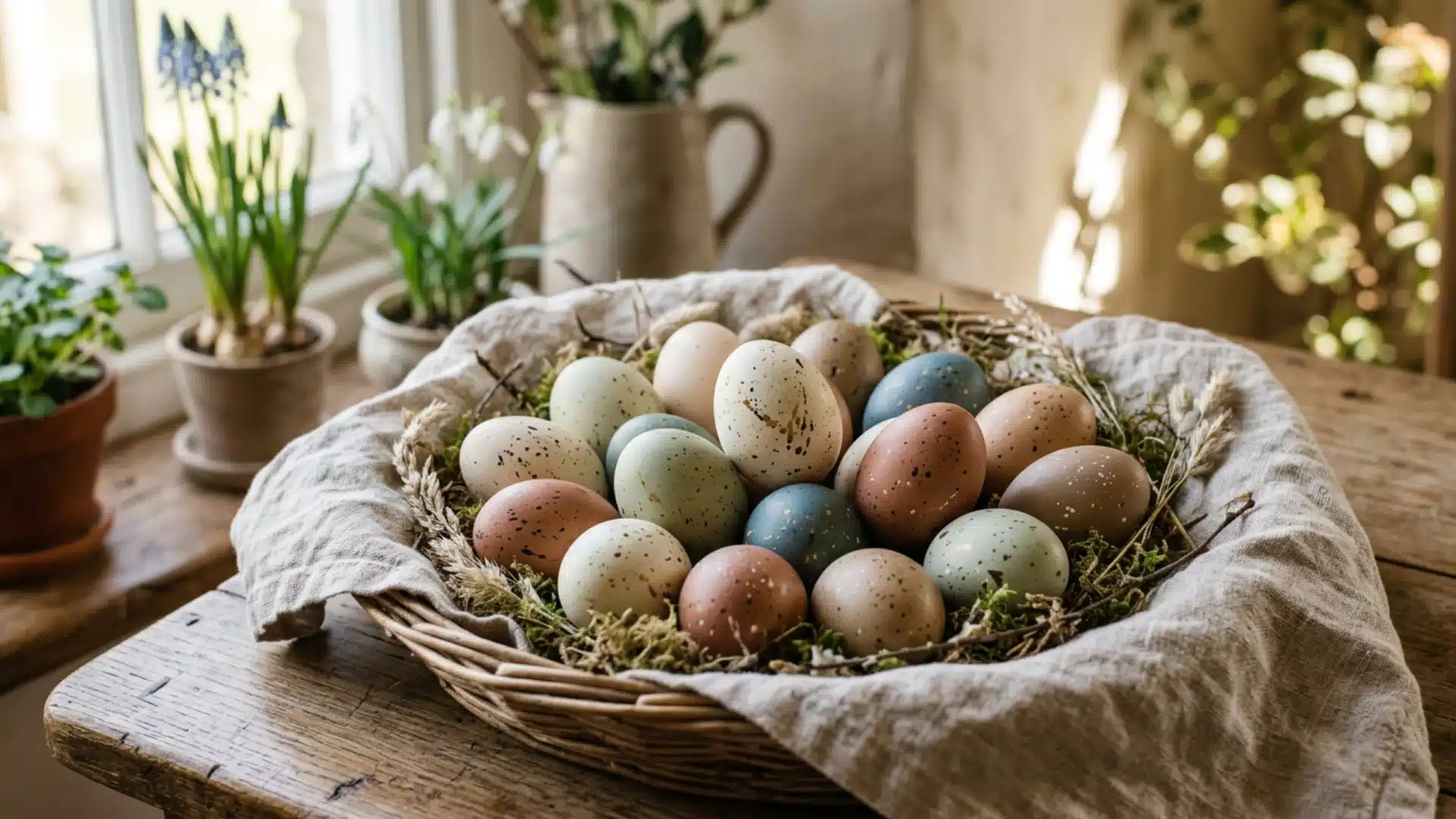 handmade speckled easter eggs with muted base color and paint spatter