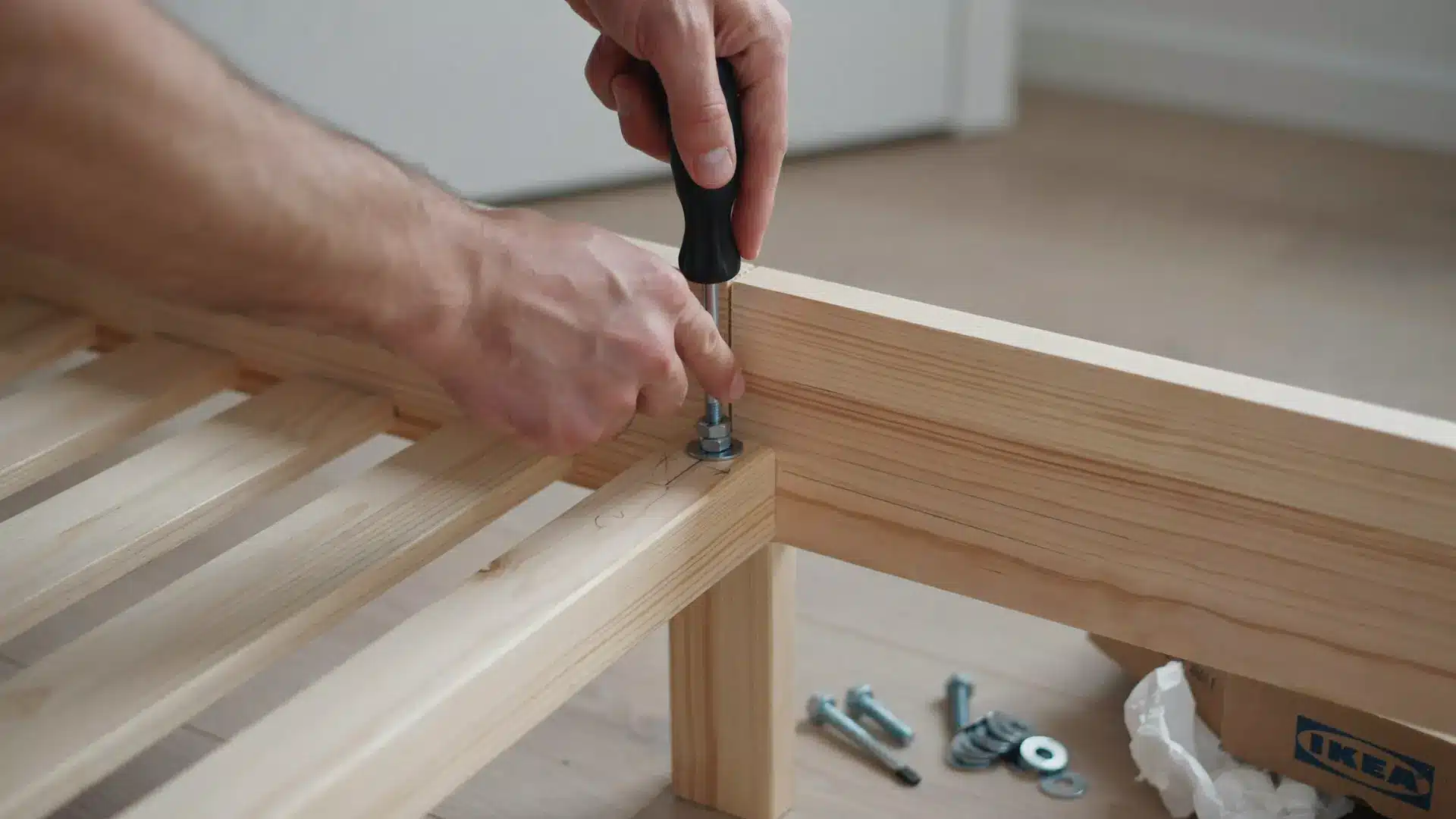 hands tightening a bolt on a bed frame joint with a screwdriver