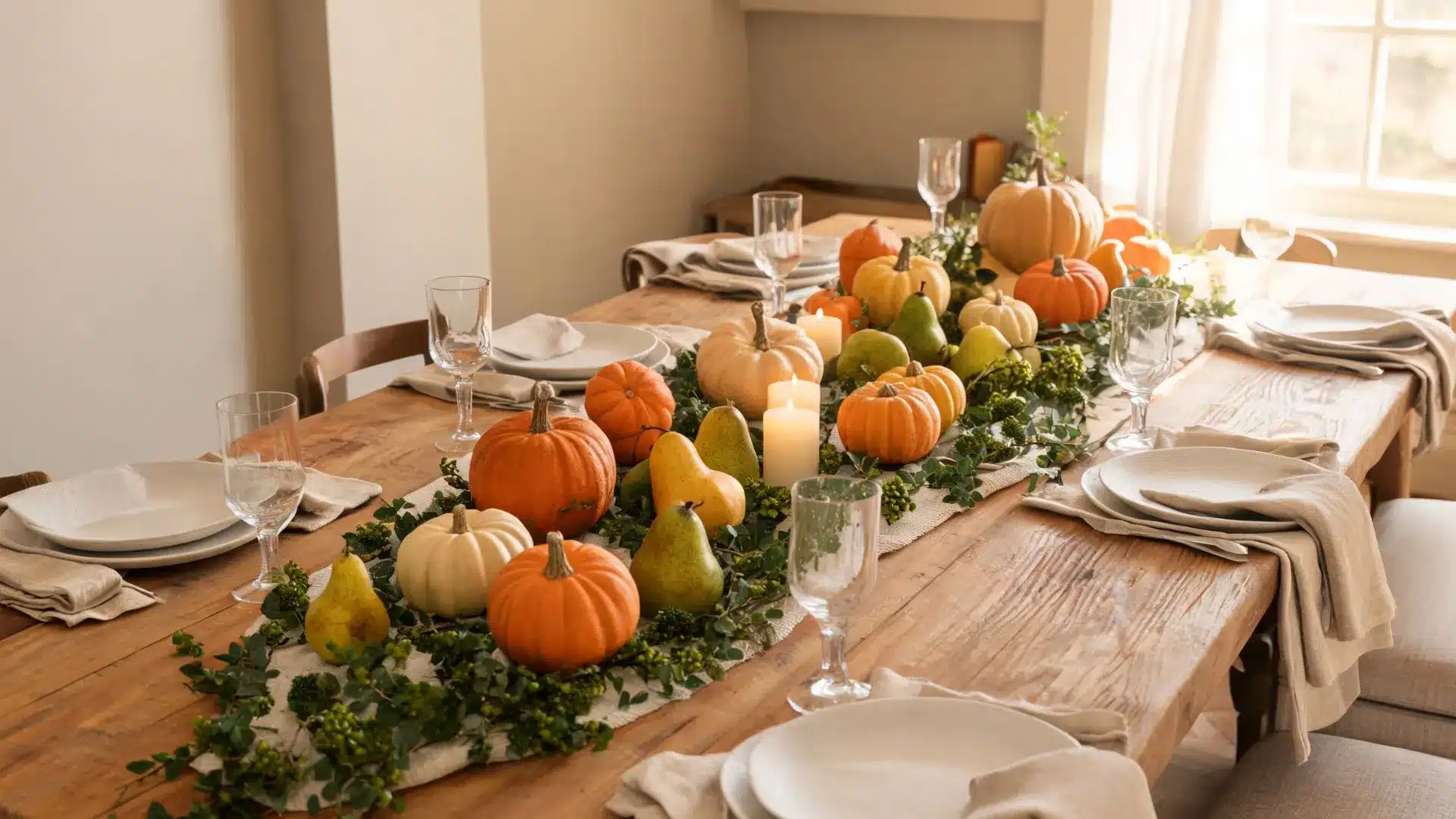 harvest table runner with pumpkins, pears, greenery, and lit candles on a wooden dining table