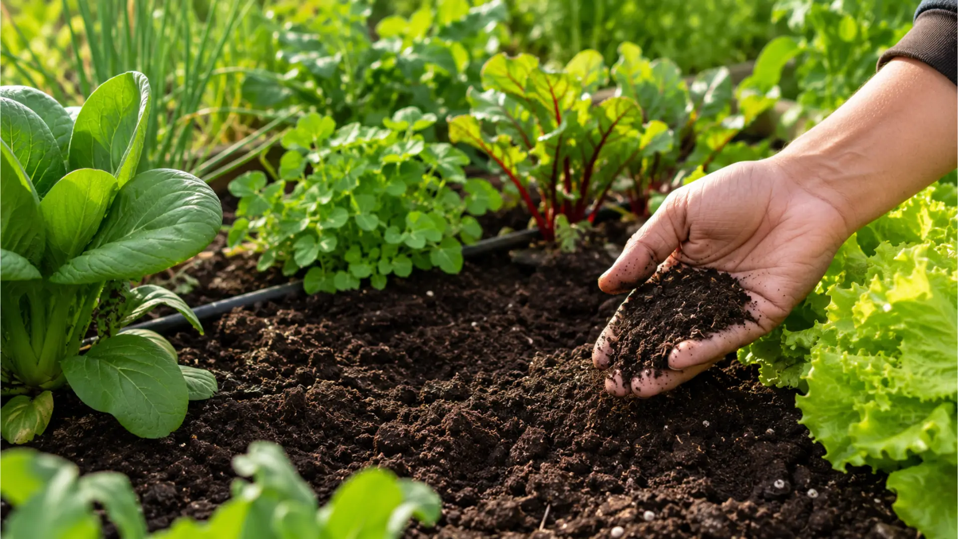 healthy dark garden soil with thriving vegetable plants showing rich texture