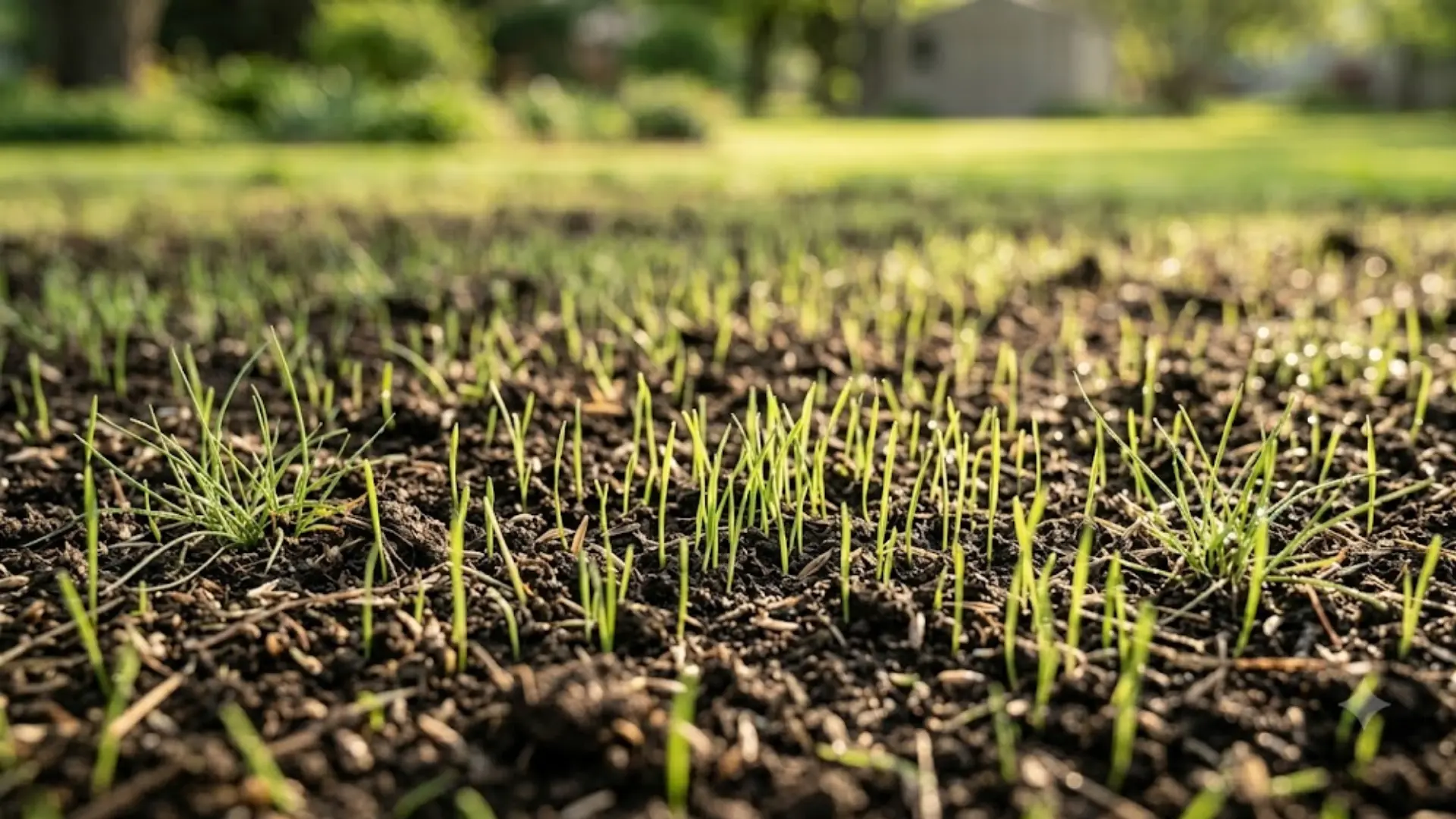 healthy young grass seedlings emerging evenly through moist soil after successful overseeding