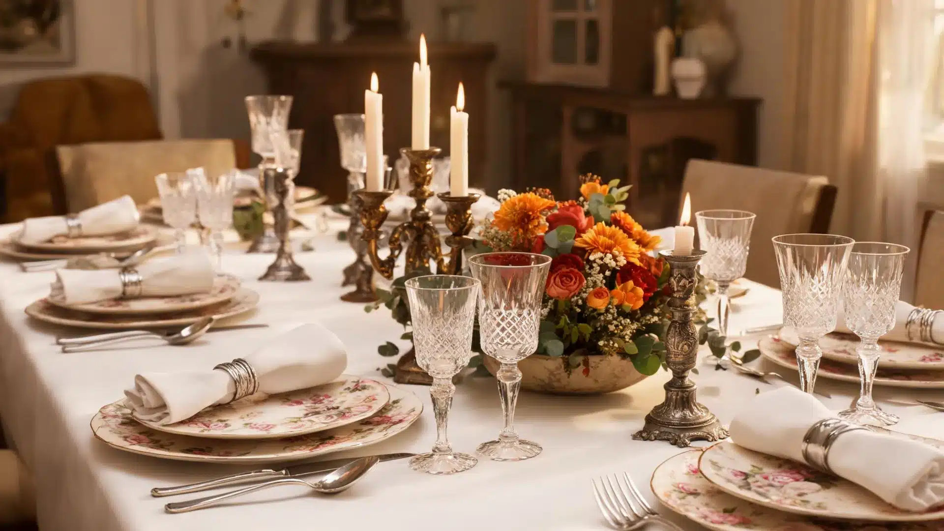 heirloom floral china with crystal glassware and silver candlesticks on a formal white table