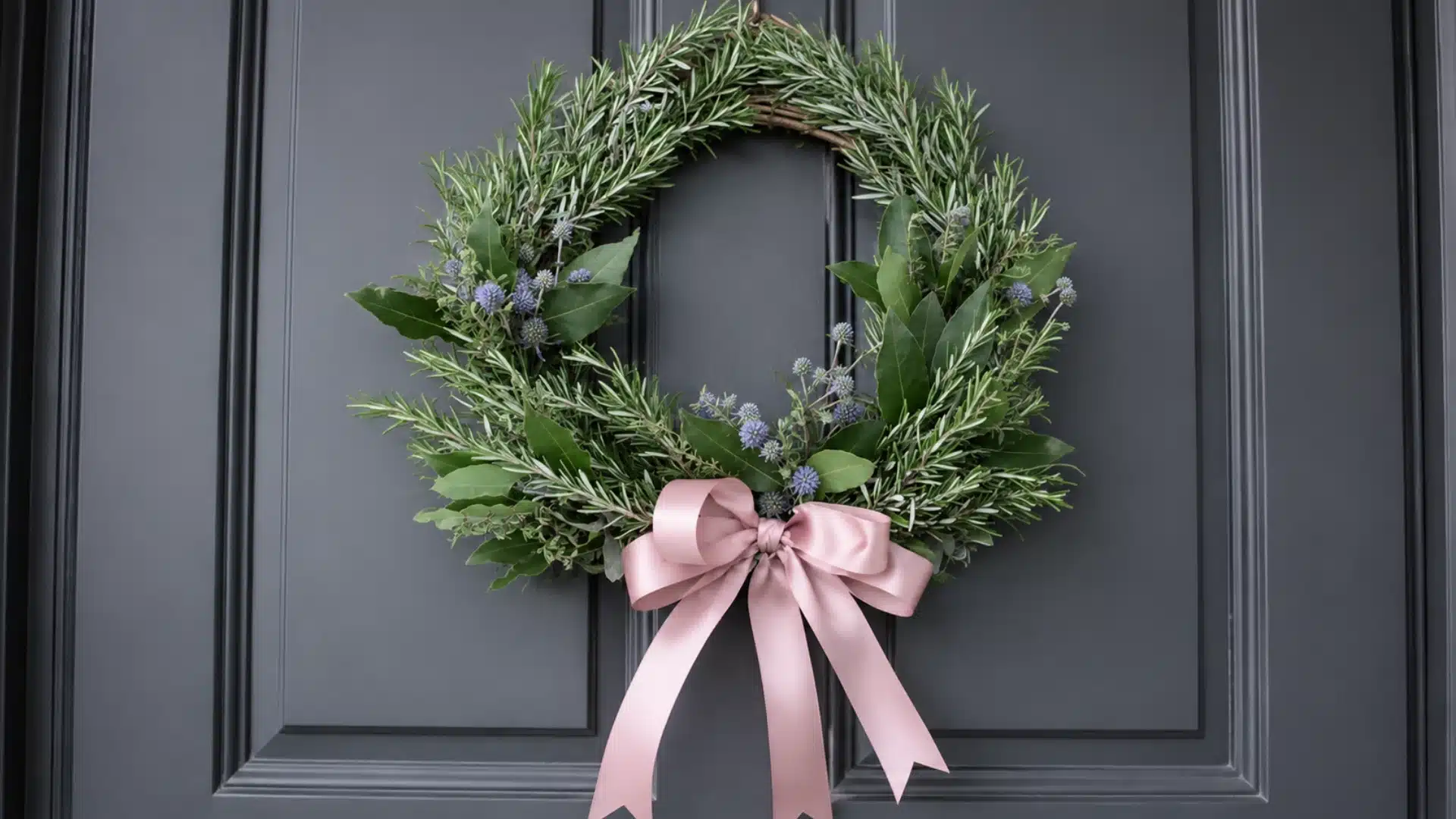 herb wreath with rosemary, thyme, and bay leaves with a pink ribbon