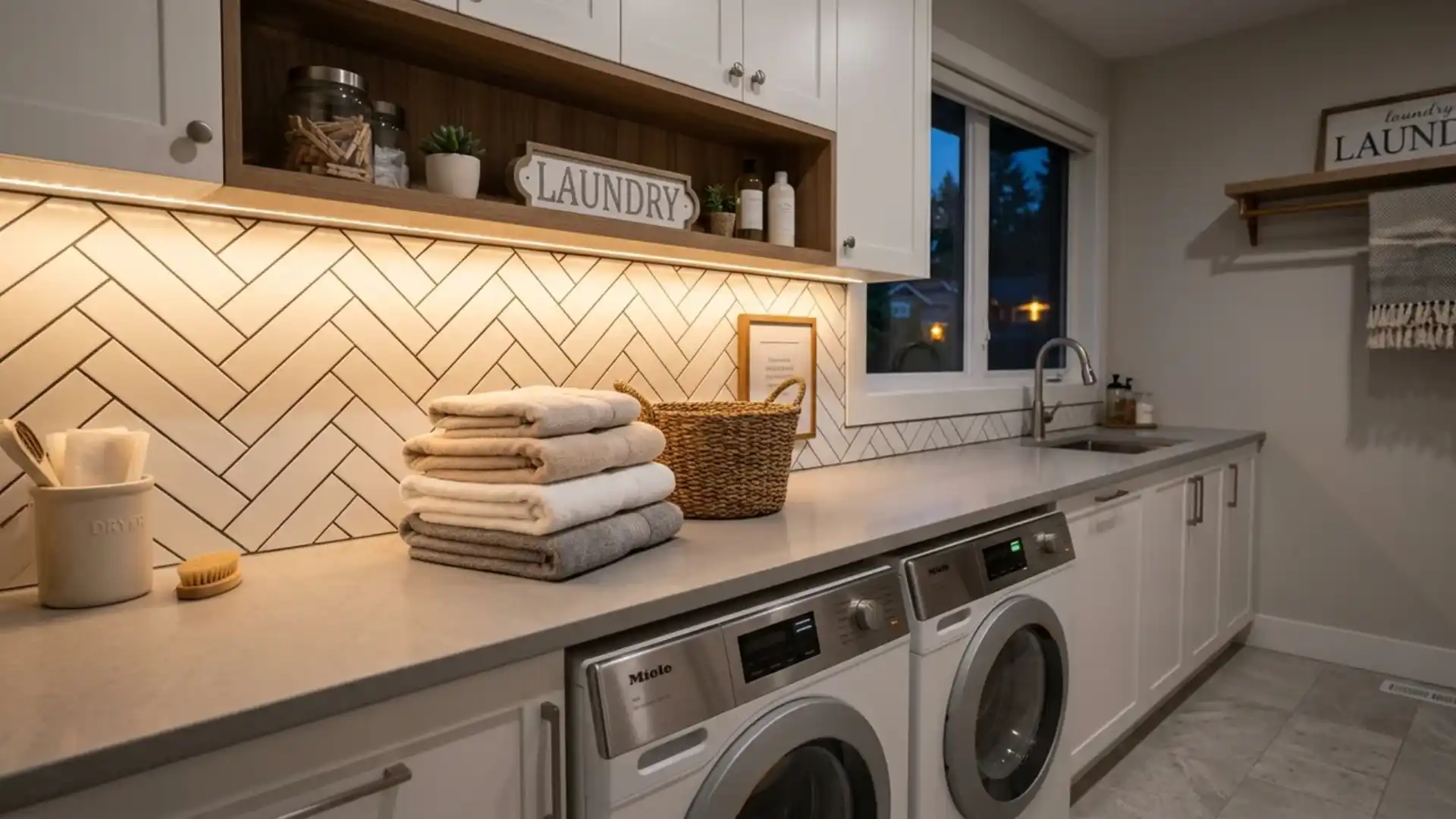 herringbone tile backsplash above a stainless washer and dryer with folded towels and a basket