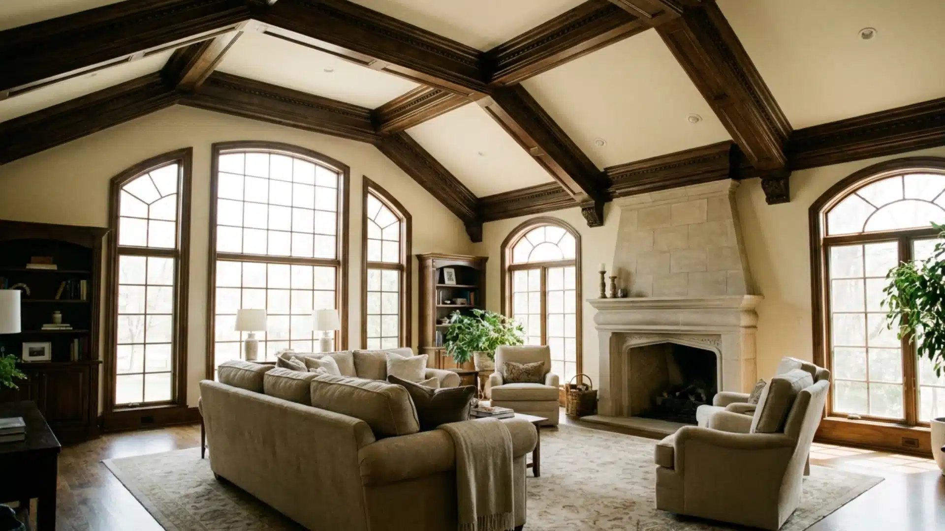 high ceiling living room featuring deep dramatic coffered beams