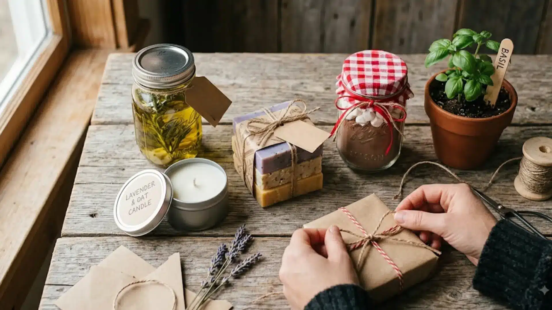 person wrapping a kraft paper gift box beside jars of infused oil hot cocoa mix soap and a basil plant