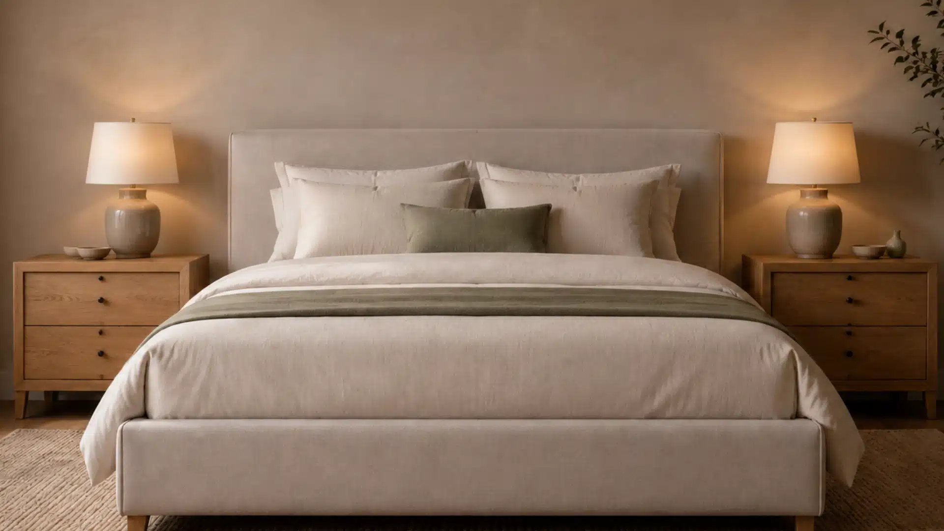 cozy bedroom with a bed, matching wooden nightstands, and warm lamps on both sides