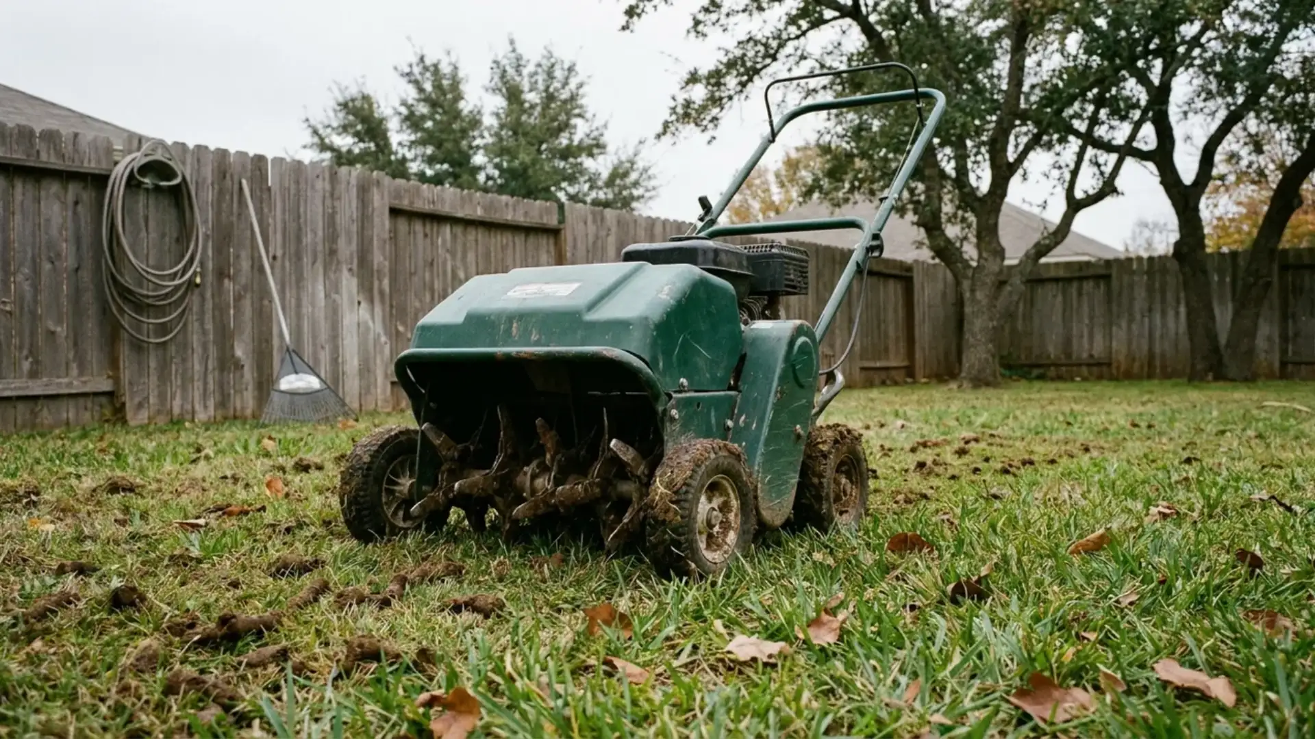 core aerator sitting on the lawn with soil cores and dirt clumps scattered around it
