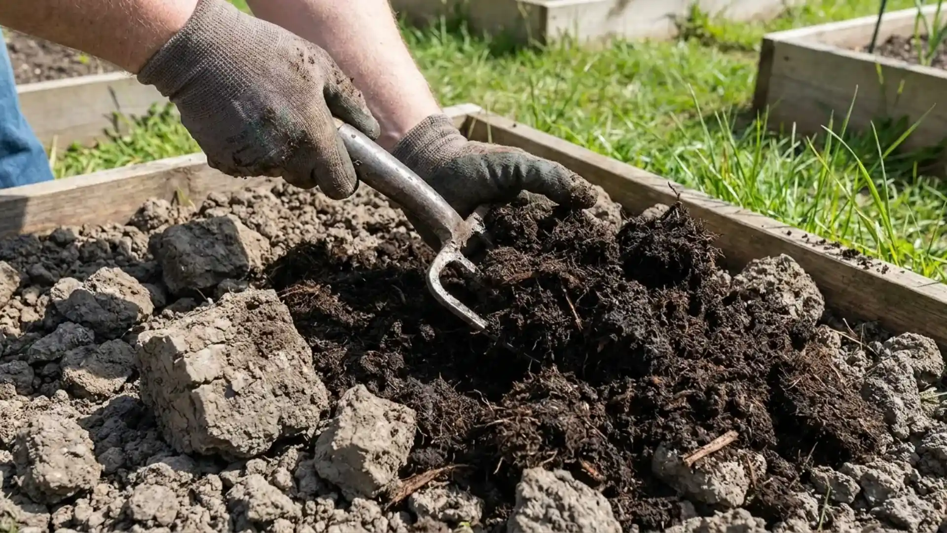 gardener mixing dark compost into compacted clay soil clumps with a hand tool in a garden bed