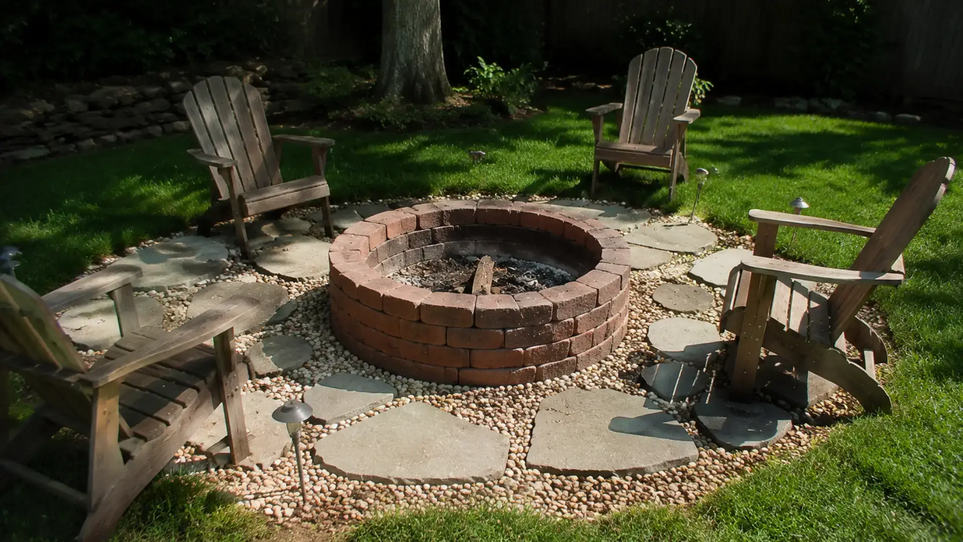 brick fire pit surrounded by gravel, stone pavers, and adirondack chairs in a backyard