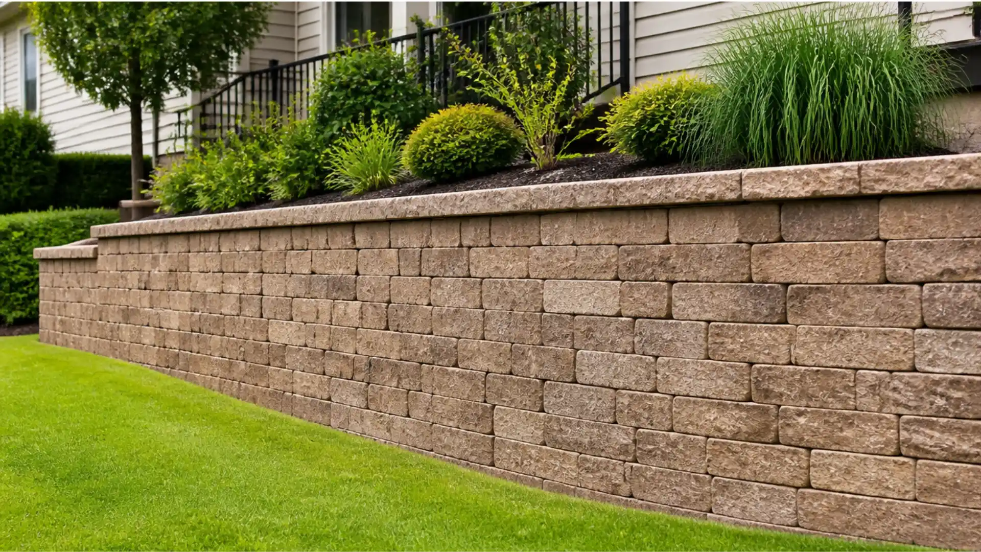 finished segmental block retaining wall built into a landscaped sloped backyard