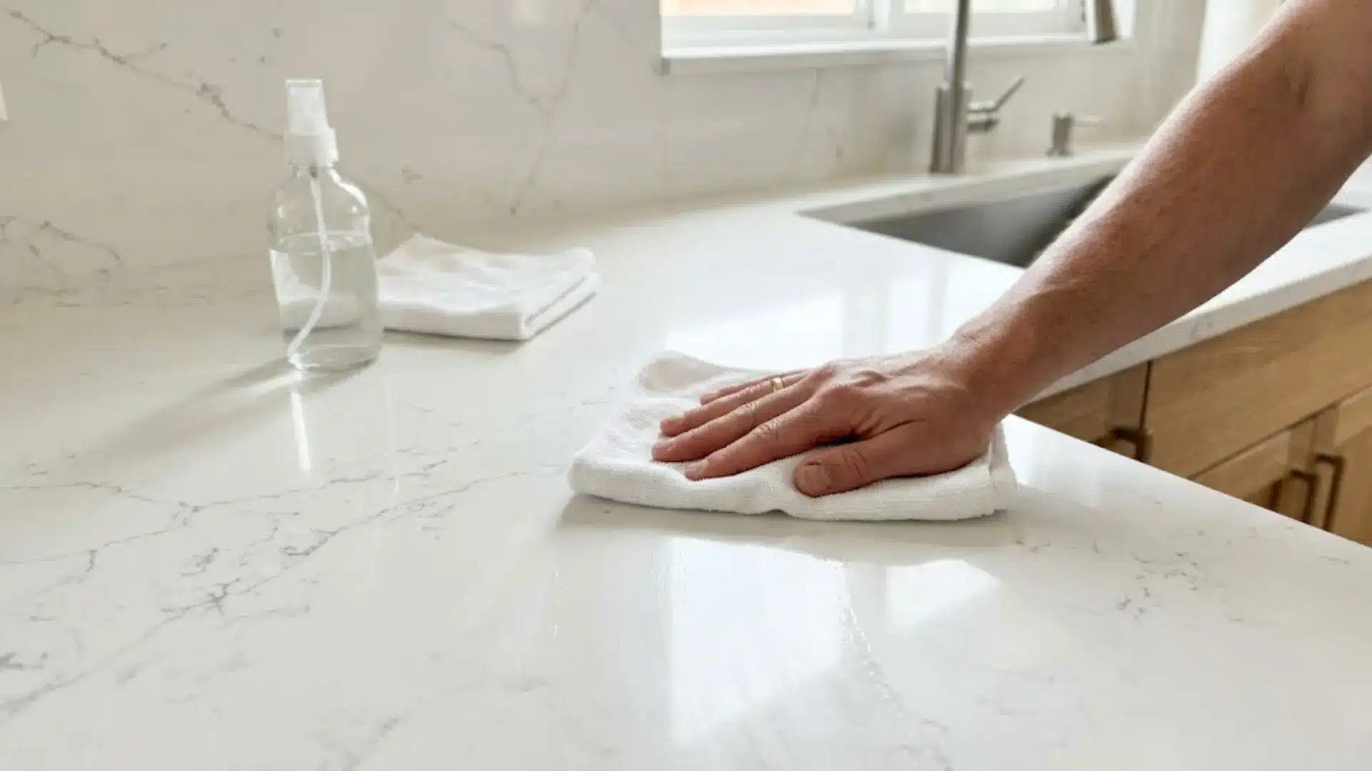a person wiping quartz countertop with white cloth beside spray bottle to demonstrate proper cleaning method
