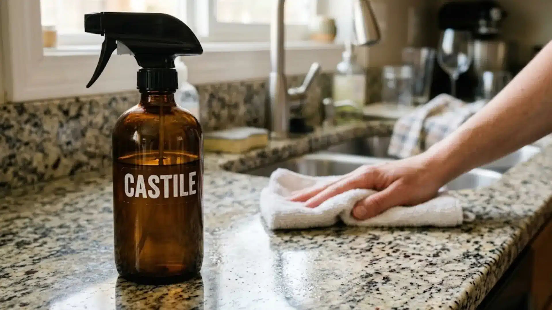 castile soap spray bottle on granite counter beside a hand wiping the surface clean with a cloth