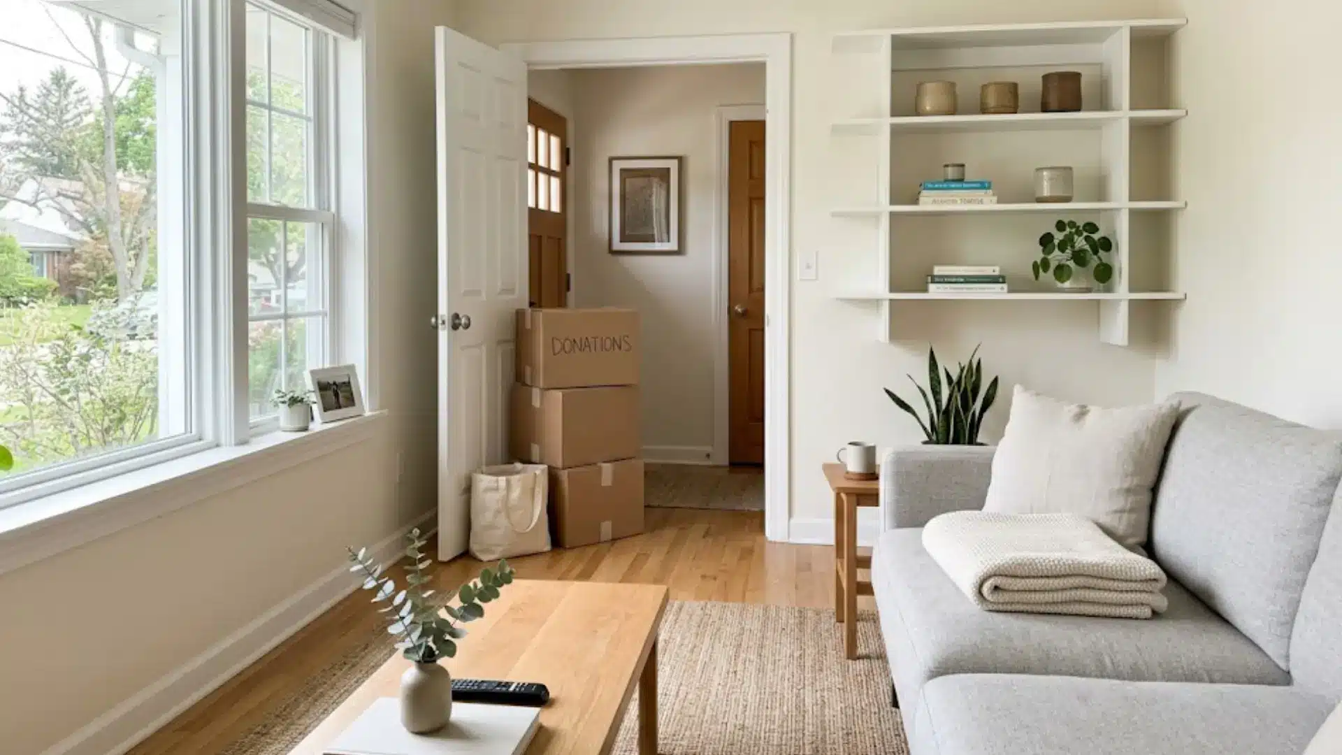 tidy living room with labeled donation boxes by door and organized shelf in background