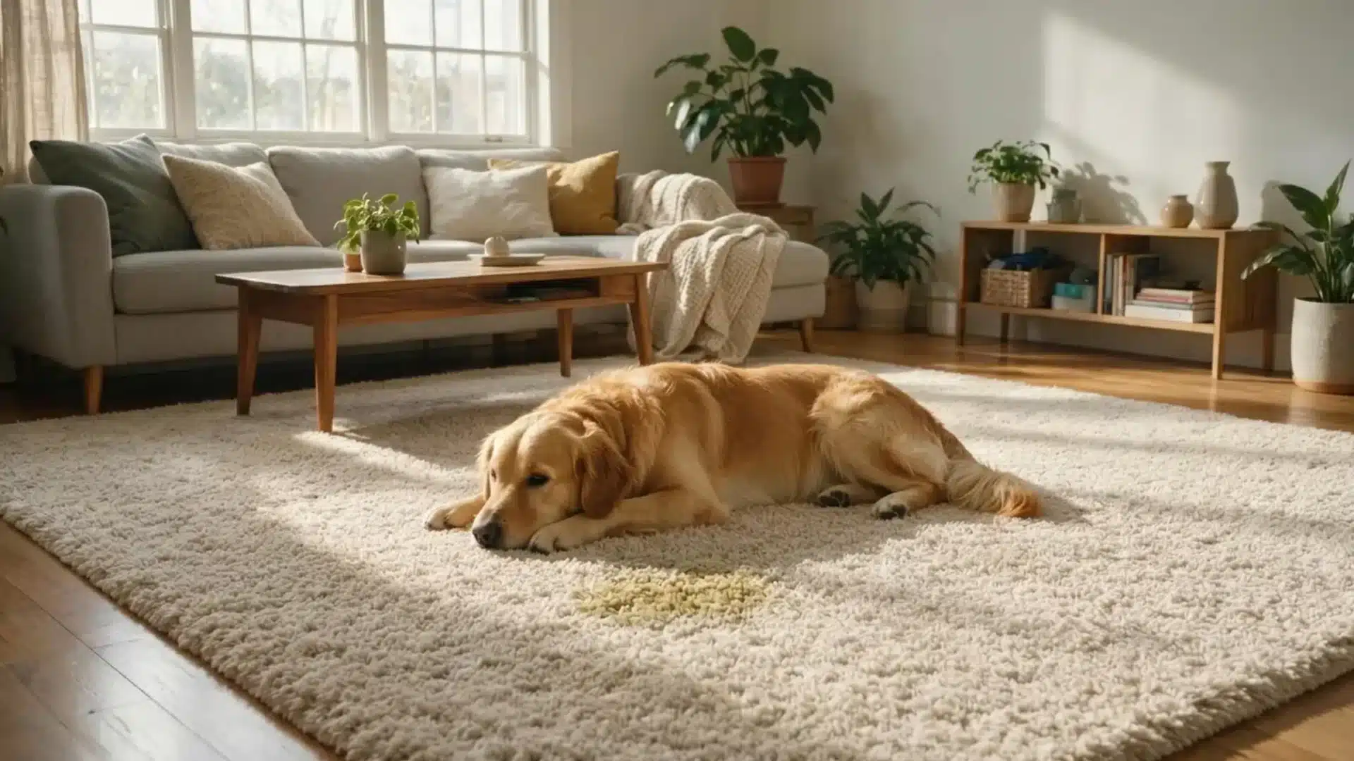 golden retriever resting on a beige carpet beside a small damp spot in a living room