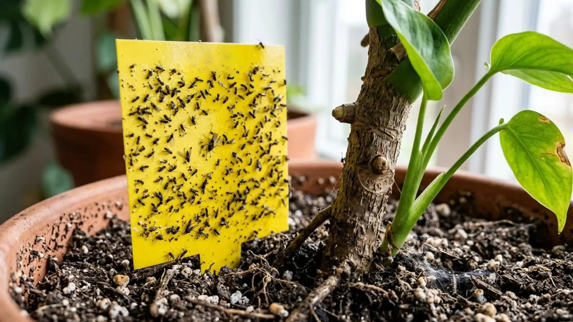 yellow sticky trap covered in fungus gnats stuck in potted soil beside a houseplant stem