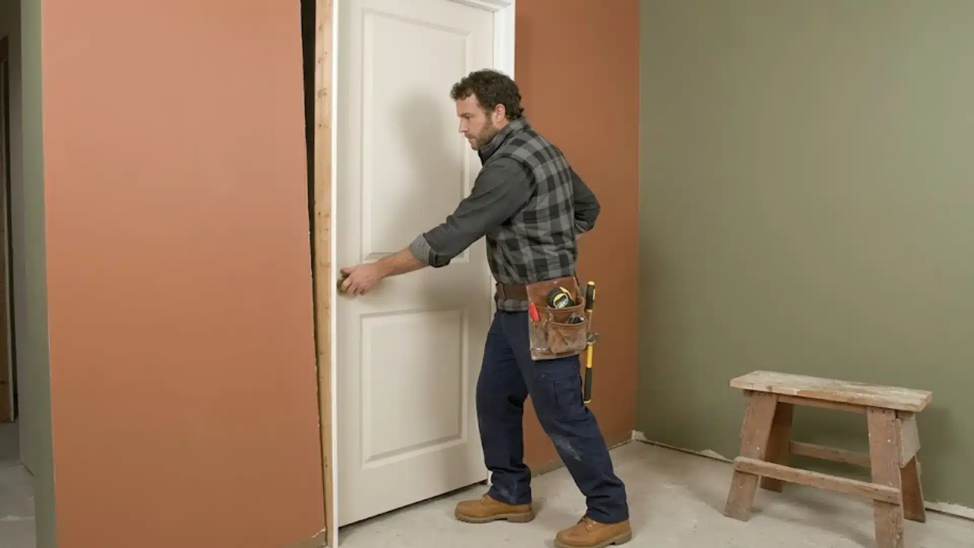 a construction worker in a flannel vest hangs a pre-hung door in a terracotta and sage room