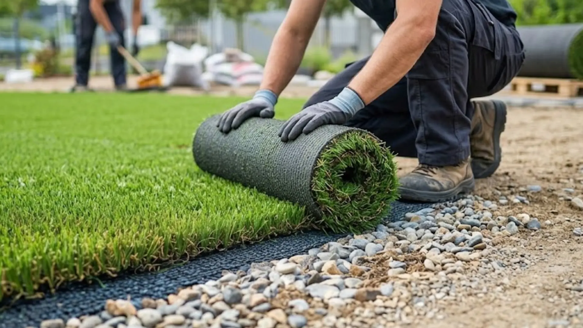 person installing artificial grass by rolling turf over a prepared backyard base with landscaping tools nearby