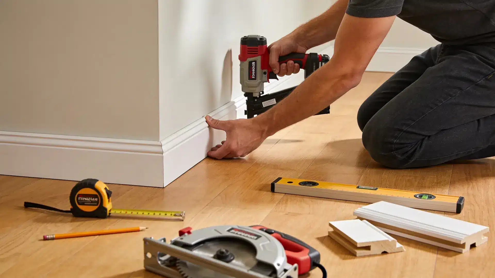 person securing white baseboard trim with a nail gun while tools and trim pieces lie on the floor