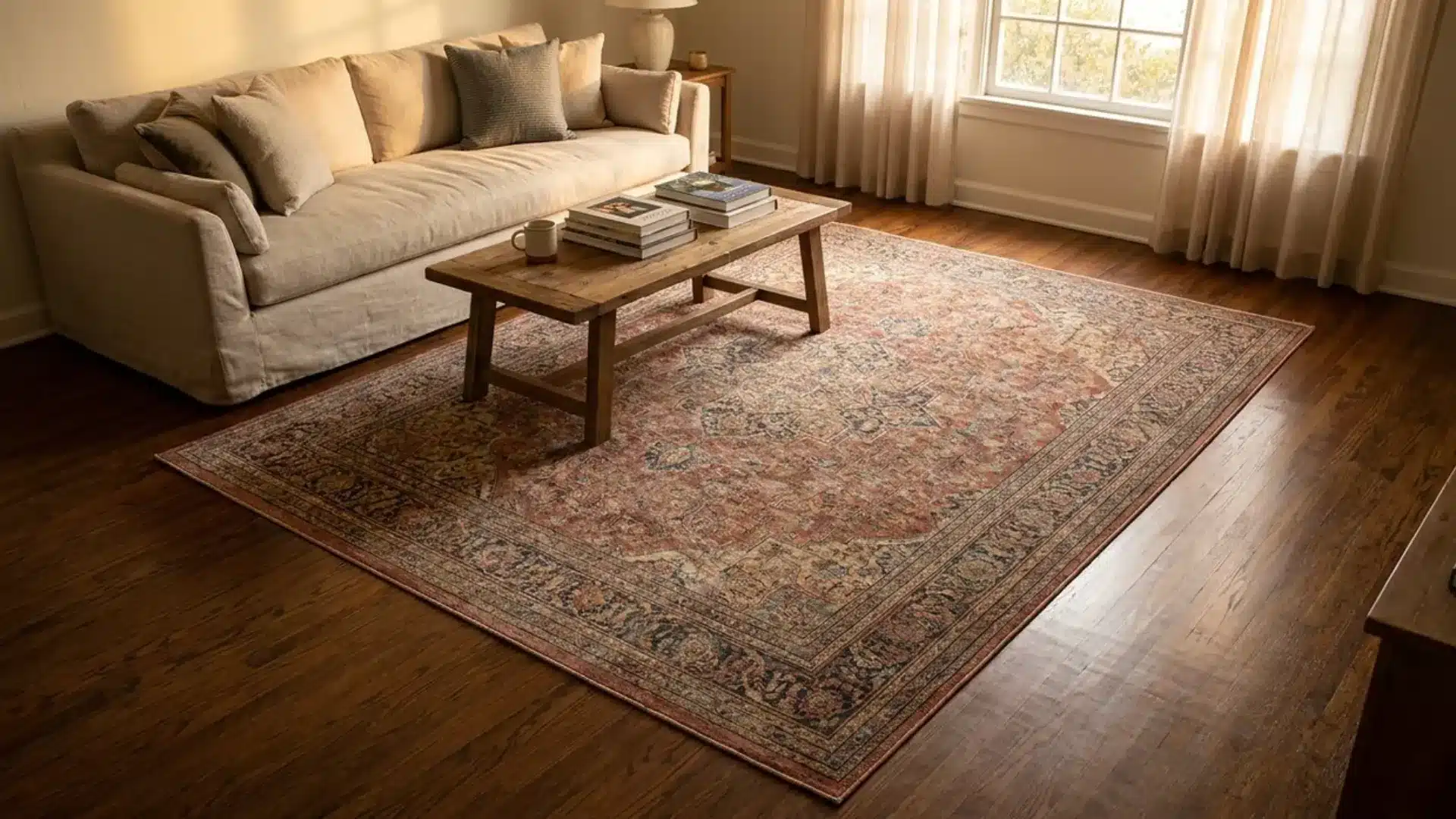 patterned area rug resting flat and secure on hardwood floor in living room