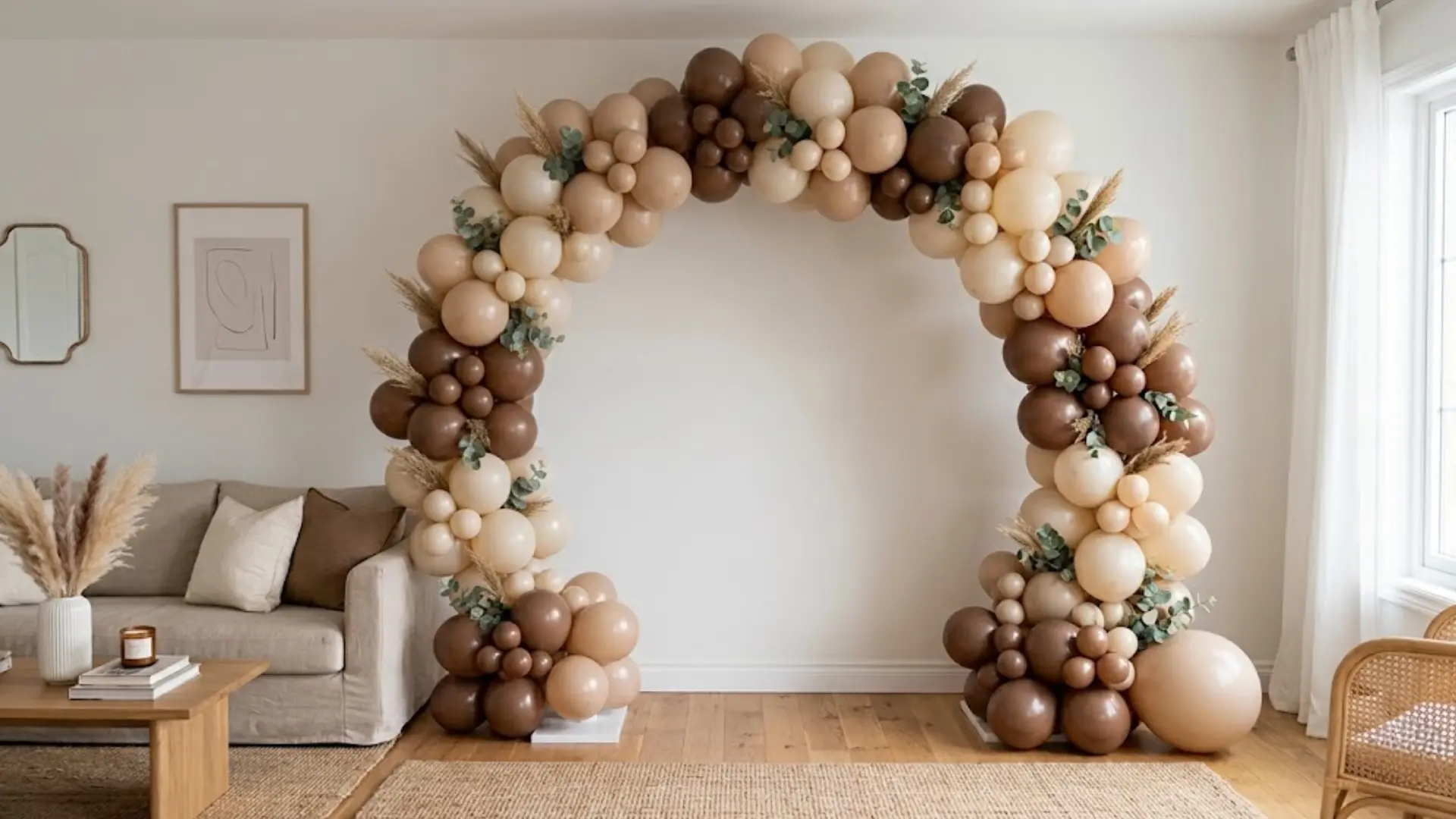 elegant brown and beige balloon arch in a bright living room with greenery and pampas accents