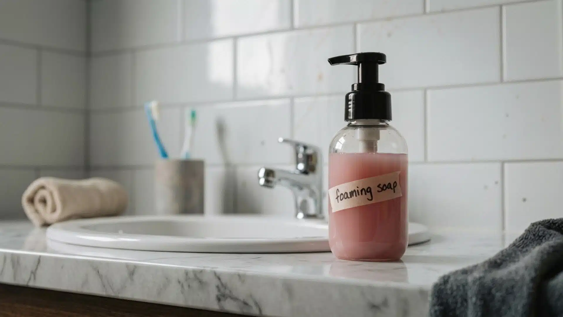 diy homemade foaming hand soap in glass pump bottle on marble bathroom sink counter