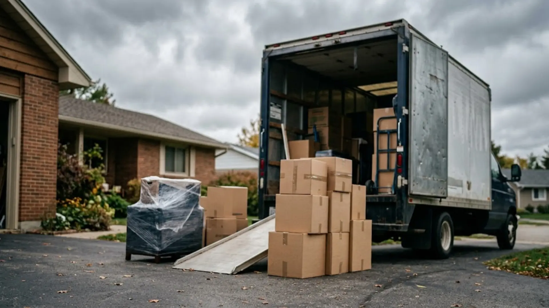 moving truck loaded with cardboard boxes and wrapped furniture parked outside a house under cloudy sky
