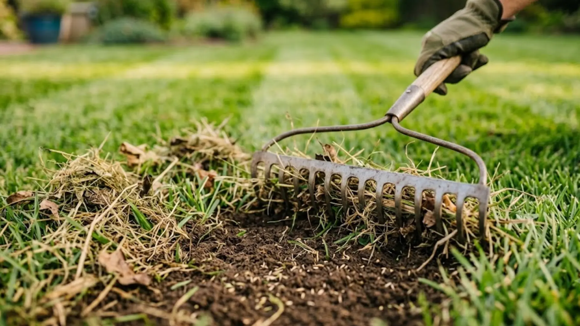 gardener raking a bare lawn patch to loosen soil before spreading grass seed