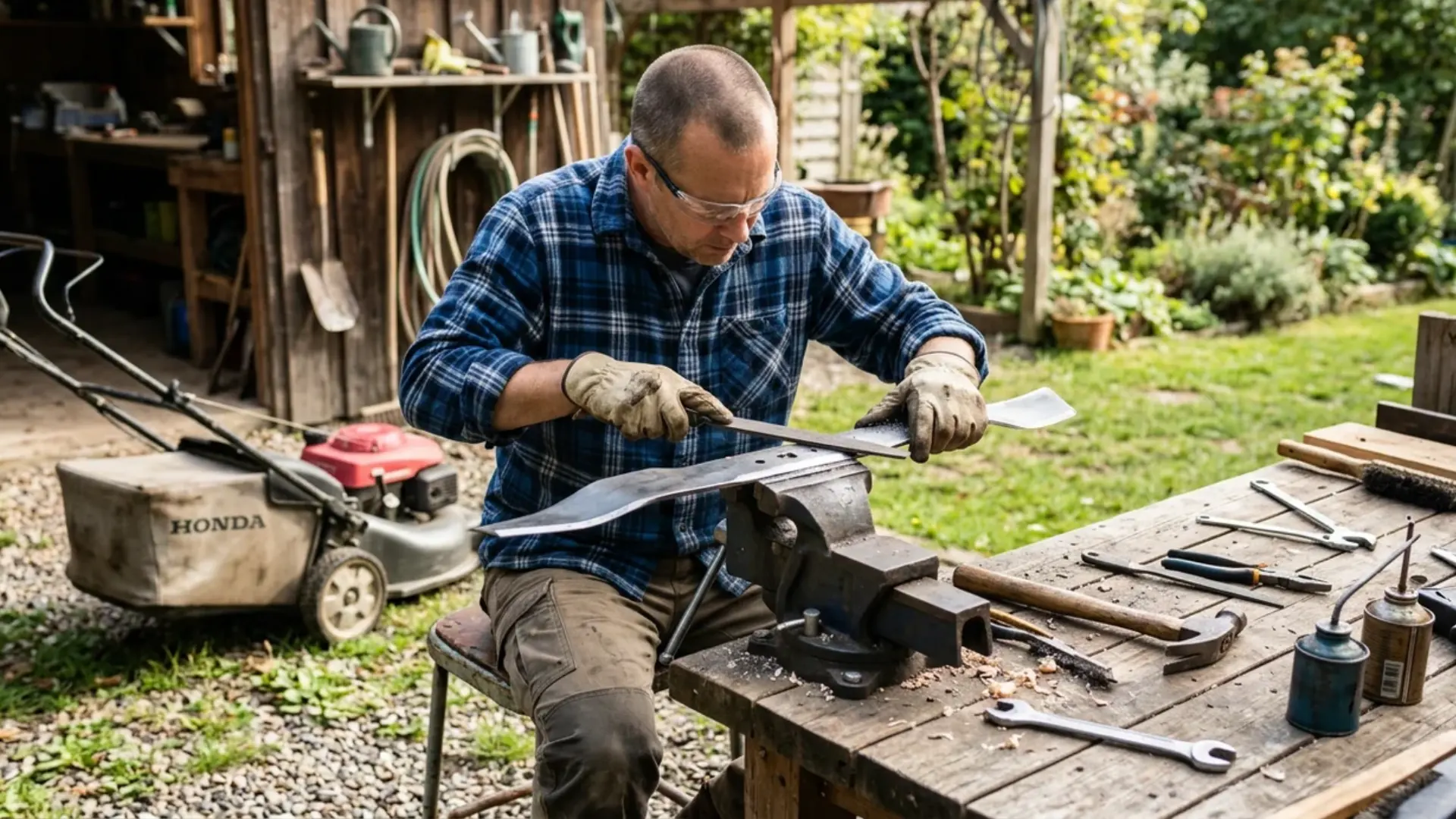 man filing a lawn mower blade clamped in a vise at an outdoor workbench beside the mower