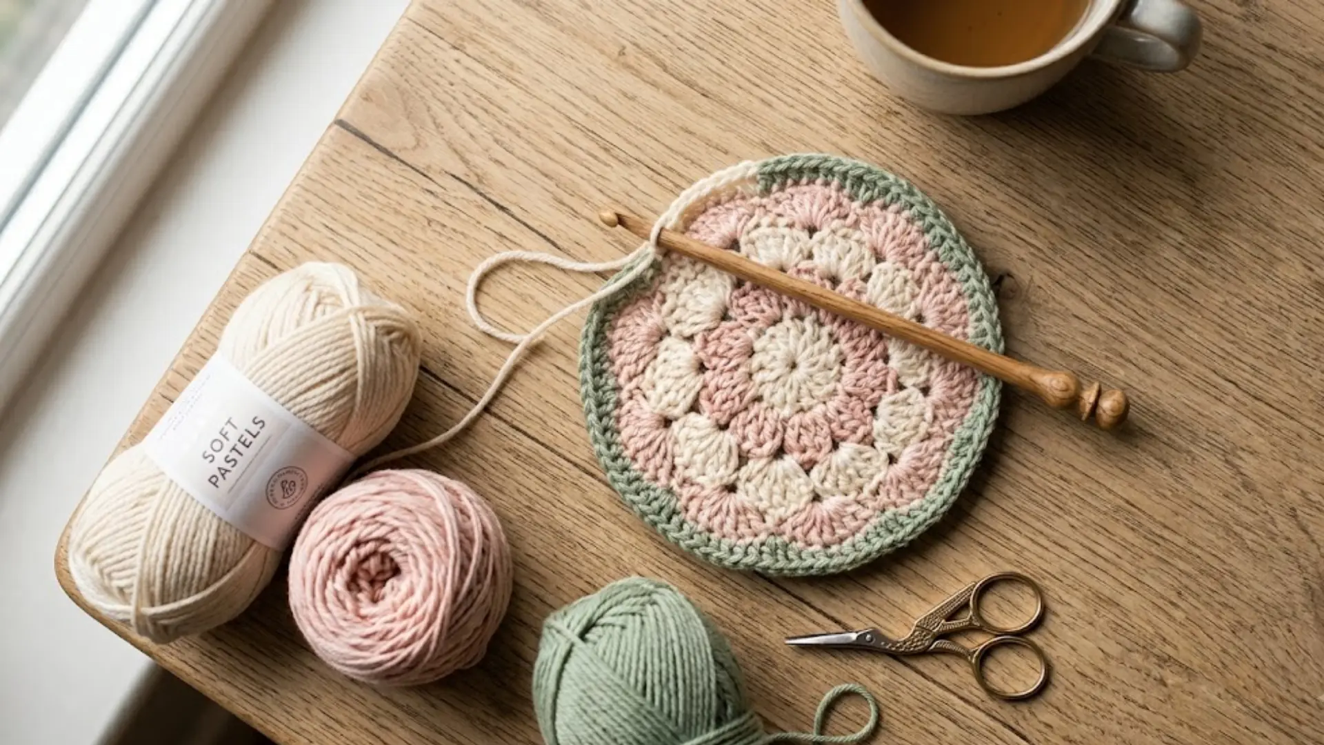 beginner crochet supplies with yarn hooks scissors and stitch markers arranged on a wooden craft table